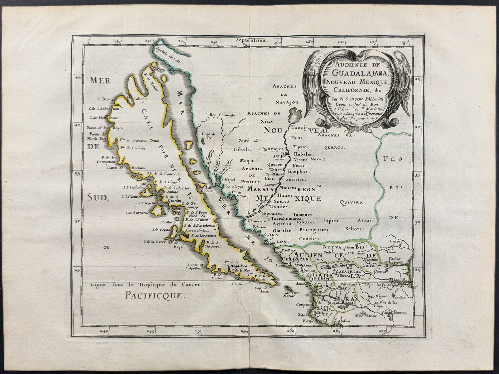 Sanson - Map of California as an Island: This engraved map with original outline color is from Nicolas d'Abbeville Sanson's atlas volume entitled America. The work was published in Paris by the author in 1657. Nicolas Sanson (1600-1667) was