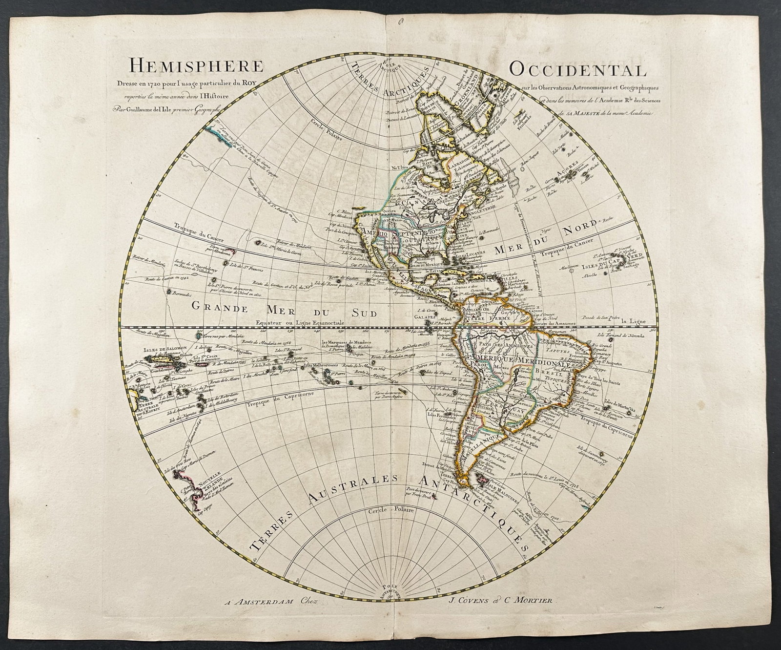 De L'Isle - Map of the Western Hemisphere (Americas and partial coast of New Zealand): This historic map with original outline color is from Guillaume de l'Isle (Delisle)'s atlas entitled New atlas containing all the parts of the world, where the Empires, Monarchies, Kingdoms, States,