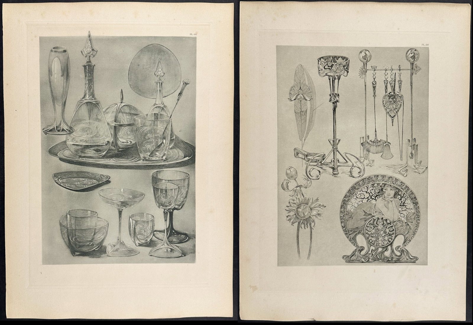 Mucha, Folio - 5 Interior Decor or Design Lithographs: This stunning and rare lithograph is from Alphonse Mucha's "Documents d?coratifs" which was edited by Gabriel Mourey. The work was published in Paris by Librairie centrale des Beaux-Arts in 1902. The 