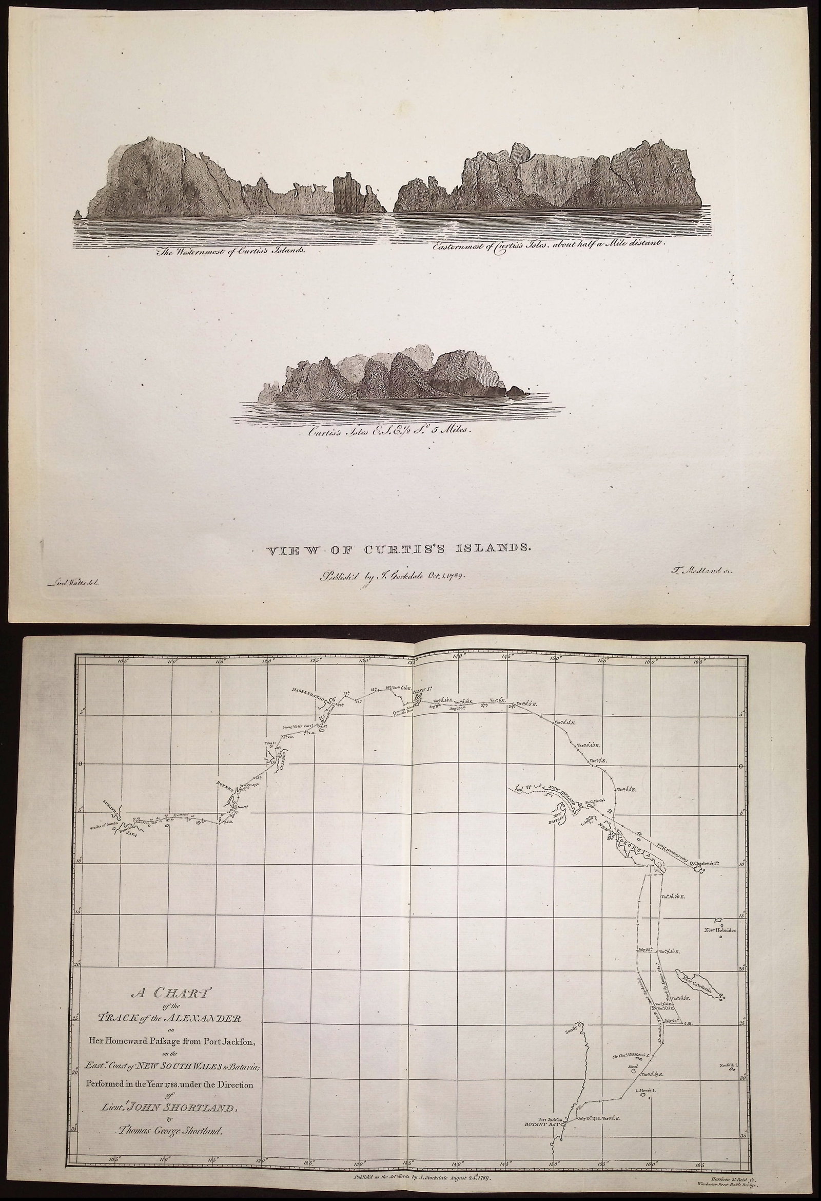 Philip, Australia - 3 Engravings of Coastal Views & Map: Included in this lot: View of Macaulay's Island View of Curtis's Islands A Chart of the Track of the Alexander on Her Homeward Passage from Port Jackson on the East Coast of New South Wales to Batavia