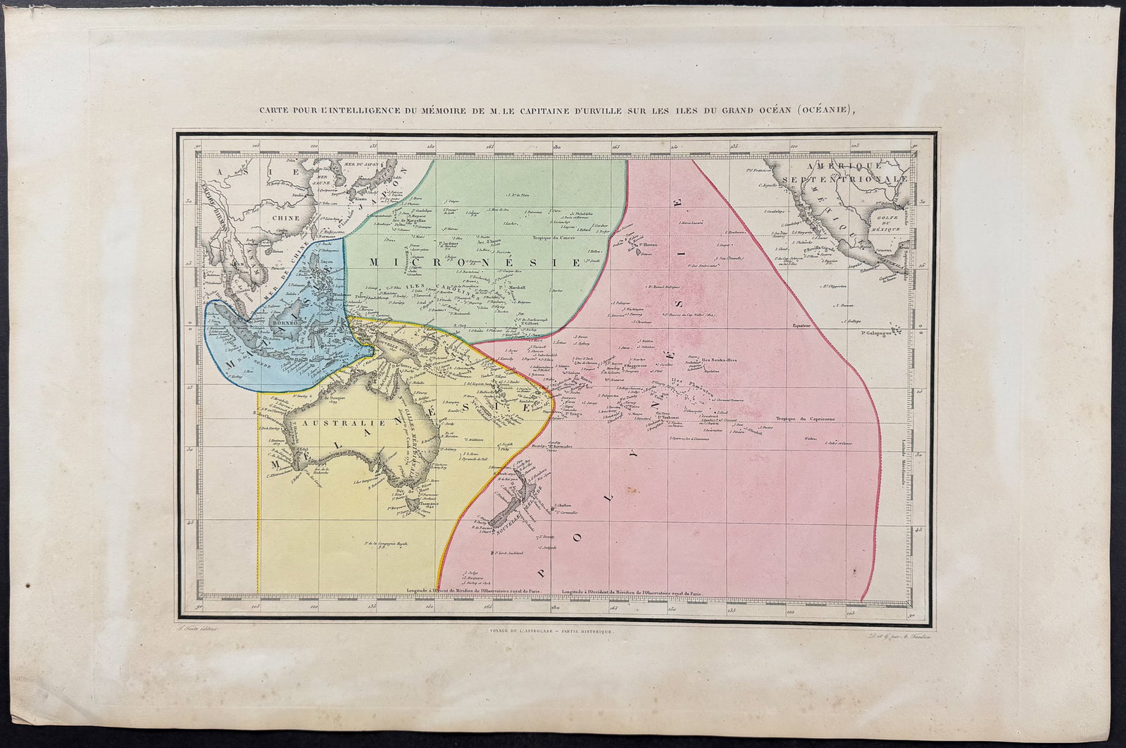 Dumont D'Urville - Chart of the Pacific Ocean with Australia, New Zealand, part of China & Americas: This folio lithograph is from Jules Sebastien Cesar Dumont D'Urville's Voyage de la Corvette l'Astrolabe ex?cut? par ordre du Roi pendant les ann?es 1826, 1827, 1828, 1829, sous le commandement de M.J