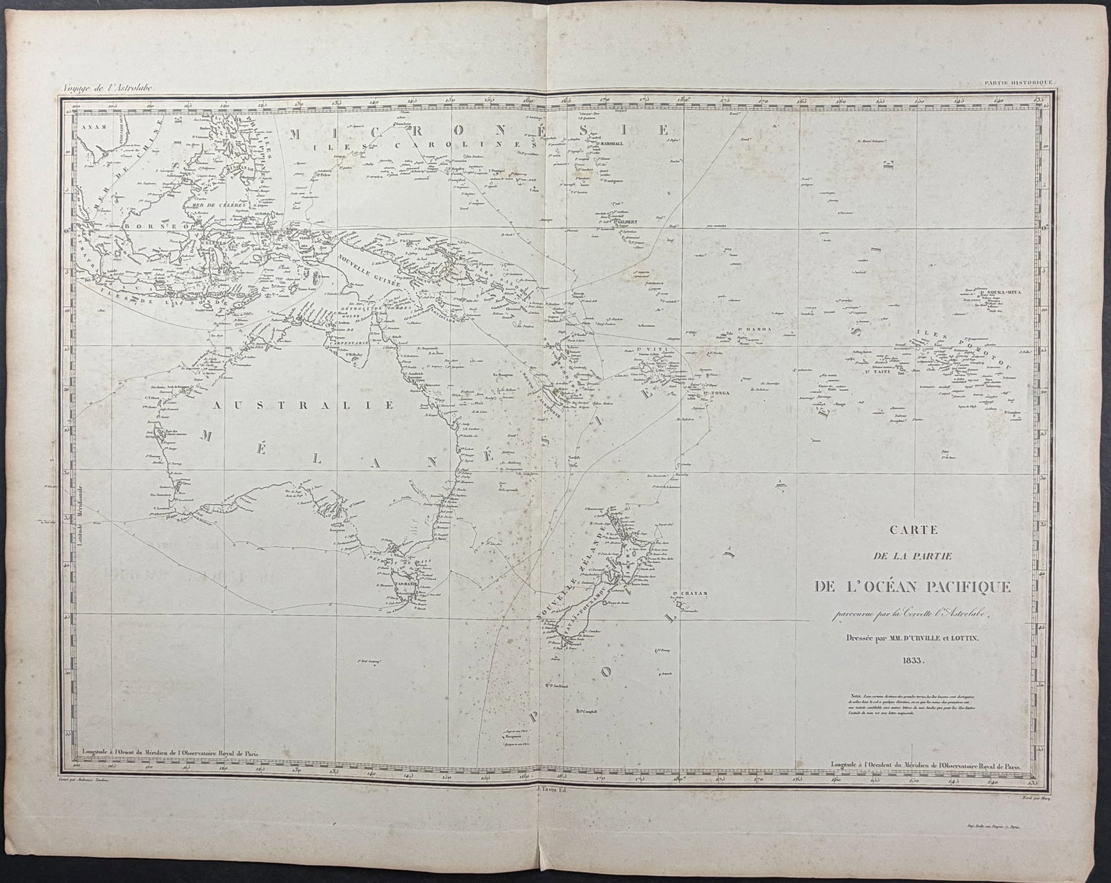 Dumont D'Urville - Chart of the Pacific Ocean with Australia, New Zealand, part of Asia: This folio lithograph is from Jules Sebastien Cesar Dumont D'Urville's Voyage de la Corvette l'Astrolabe ex?cut? par ordre du Roi pendant les ann?es 1826, 1827, 1828, 1829, sous le commandement de M.J
