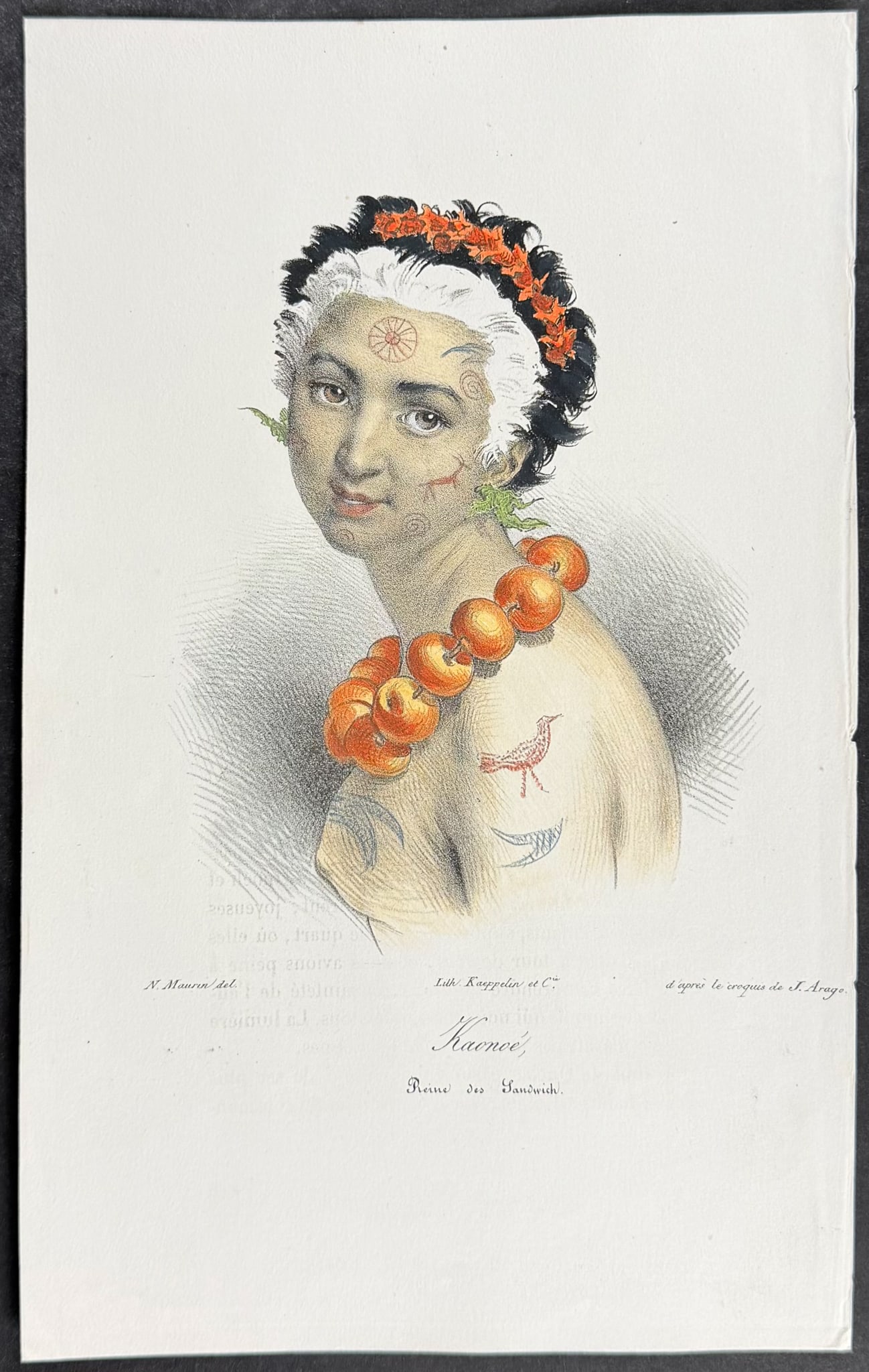 Arago, Hawaii - Kanoe, the Queen of the Sandwich Islands [Kaonoe, Reine des Sandwich]: This historic lithograph is from Jacques Etienne Victor Arago's Souvenirs d'un aveugle, Voyage autour du monde. The work was published in Paris by Hortet et Ozanne between 1839 and 1840. Jacques Etien