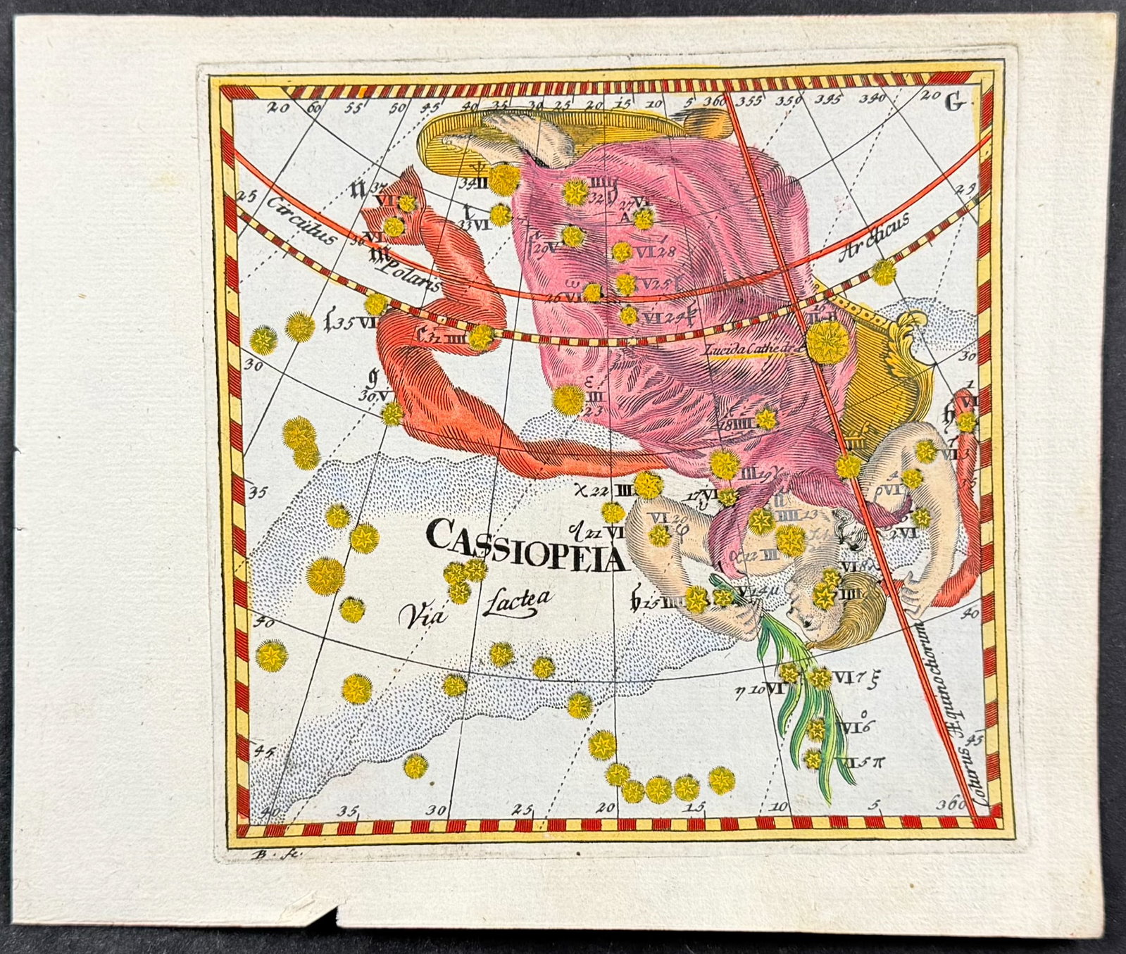 Thomas - Constellation or Celestial Chart of Cassiopeia: This celestial engraving is from Corbinian Thomas's Mercurii philosophici firmamentum Firmianum descriptionem et usum globi artificialis coelestis. The work was published in Augsburg in 1731 by Merz u