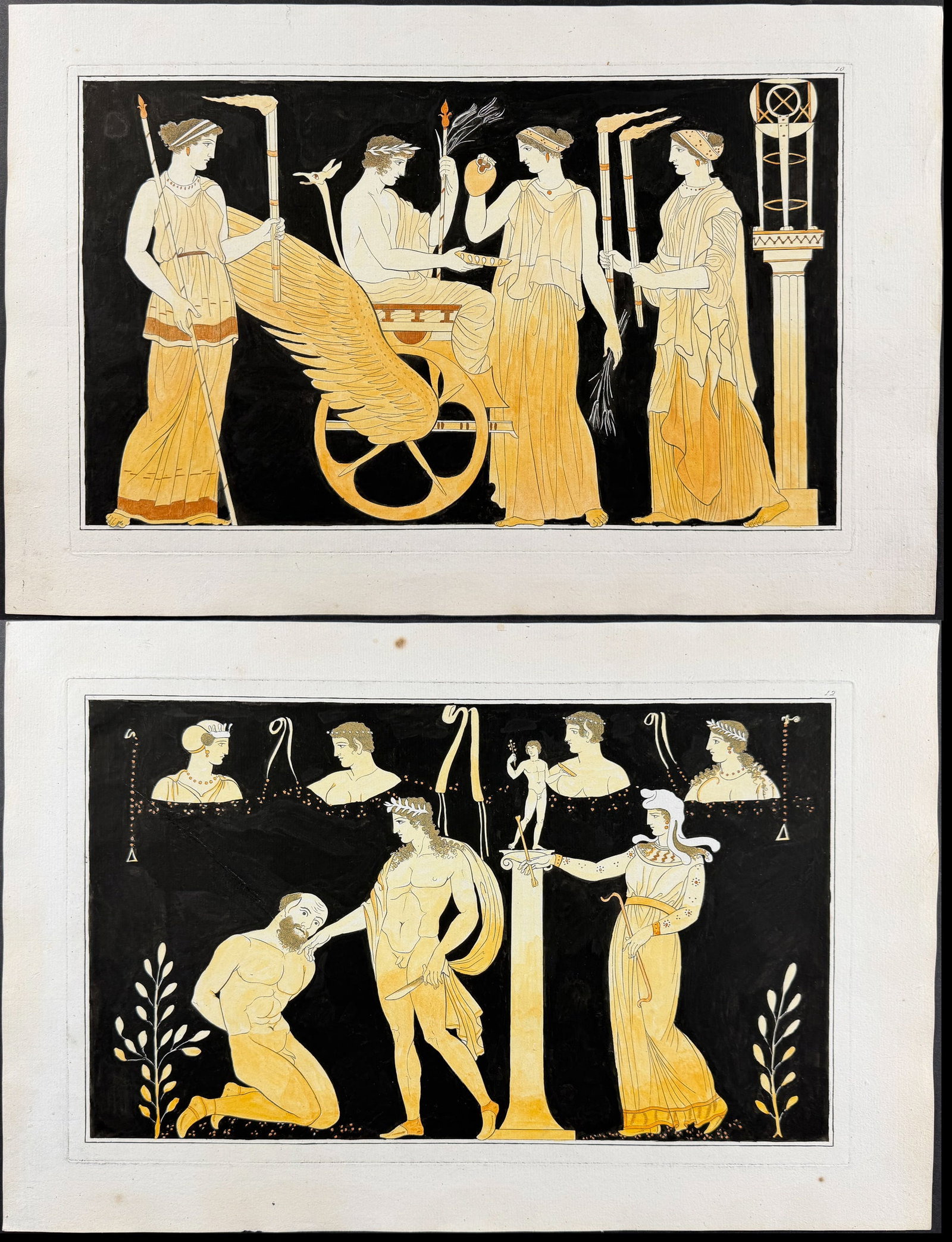 Hamilton - Pair of Engravings of a Painting from a Grecian Vase: This hand-colored engraving is from Johann Heinrich Wilhelm Tischbein after Sir William Hamilton's collection of vases. The full title reads Recueil de Gravures d'apr?s les Vases Antiques or Collectio
