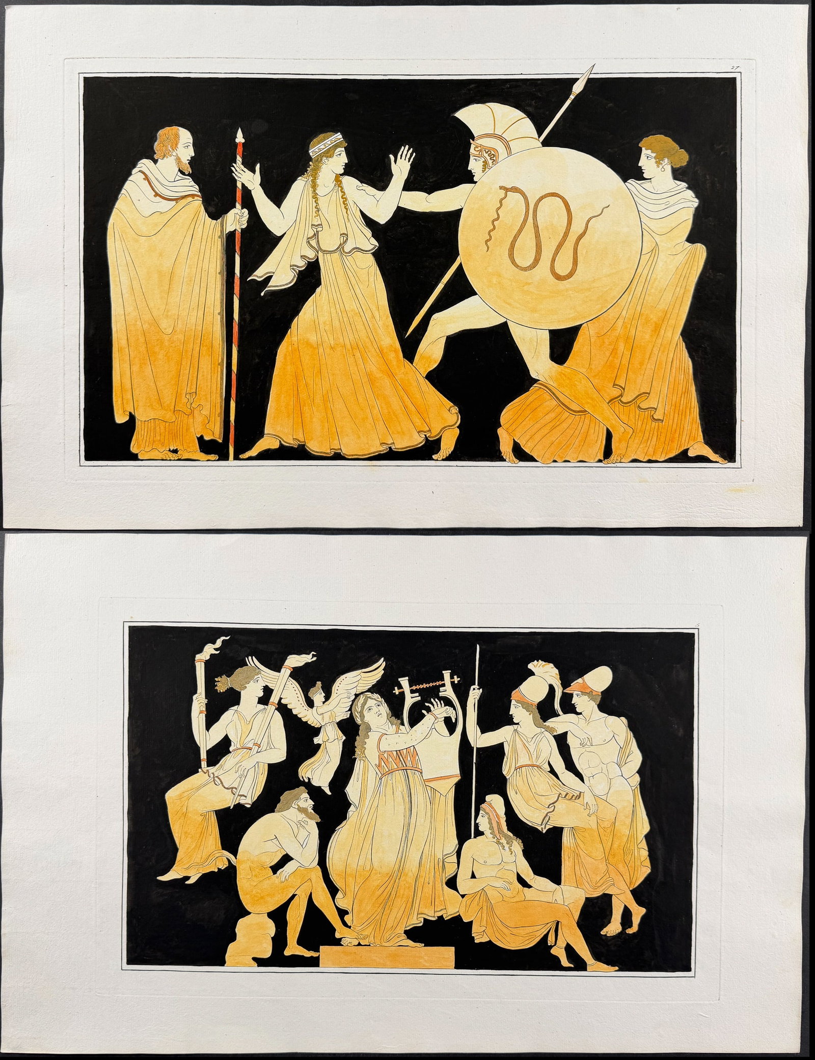 Hamilton - Pair of Engravings of a Painting from a Grecian Vase: This hand-colored engraving is from Johann Heinrich Wilhelm Tischbein after Sir William Hamilton's collection of vases. The full title reads Recueil de Gravures d'apr?s les Vases Antiques or Collectio