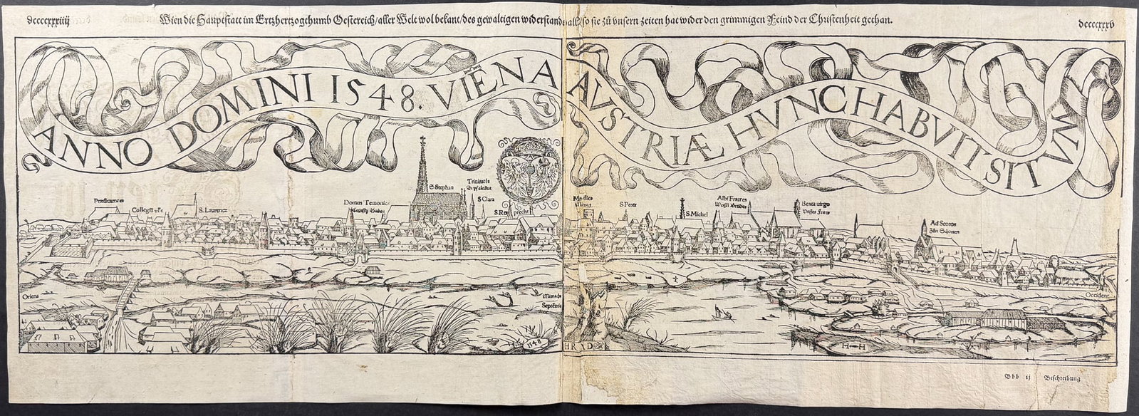 Munster, pub. 1592 - View of Vienna, Austria: This very old woodcut is from Sebastian Munster's Cosmographia Universalis or Cosmographey: das ist Beschreibung aller Lander [...] The work was published in Basel in 1592 by Heinrich Petri. The work 