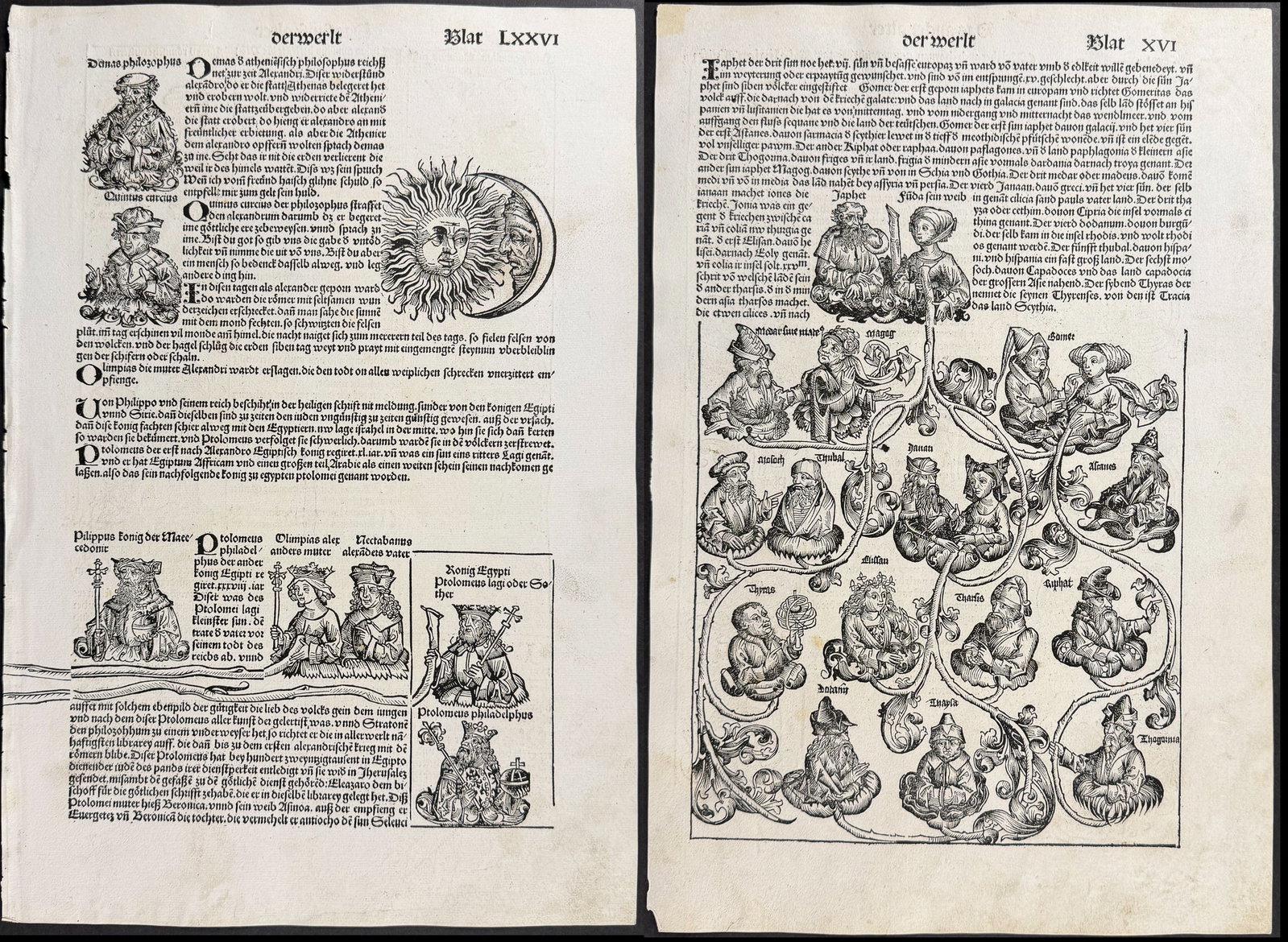 Schedel, pub. 1493 - Pair of Pages with Religious & Historic Figures: This important and historic engraving is from Hartmann Schedel Liber Chronicarum, more commonly known as the Nuremberg Chronicle (in German: Das Buch der Croniken und Geschichten. This is from the fir