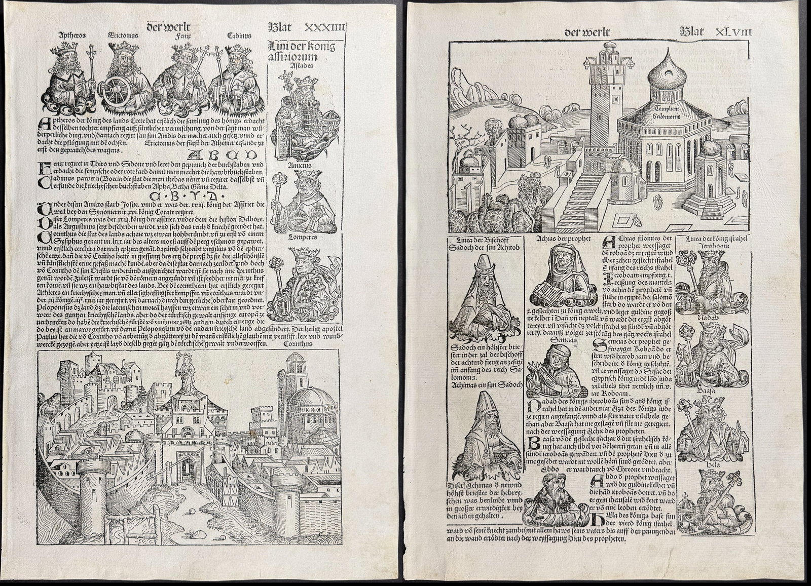 Schedel, pub. 1493 - 3 Pages with Town View & Religious & Historic Figures: This important and historic engraving is from Hartmann Schedel Liber Chronicarum, more commonly known as the Nuremberg Chronicle (in German: Das Buch der Croniken und Geschichten. This is from the fir