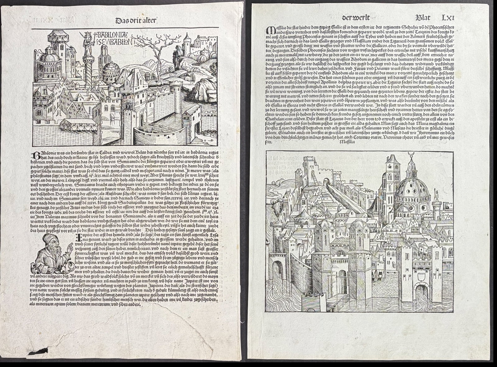 Schedel, pub. 1493 - Pair of Town Views: Babylon & Marseilles, France (1 of 5)