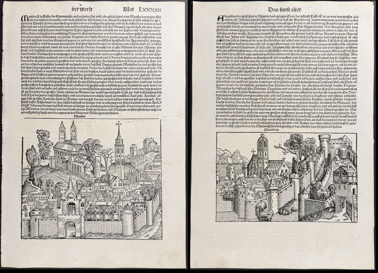 Schedel, pub. 1493 - 4 Pages with Town View & Religious & Historic Figures: This important and historic engraving is from Hartmann Schedel Liber Chronicarum, more commonly known as the Nuremberg Chronicle (in German: Das Buch der Croniken und Geschichten. This is from the fir
