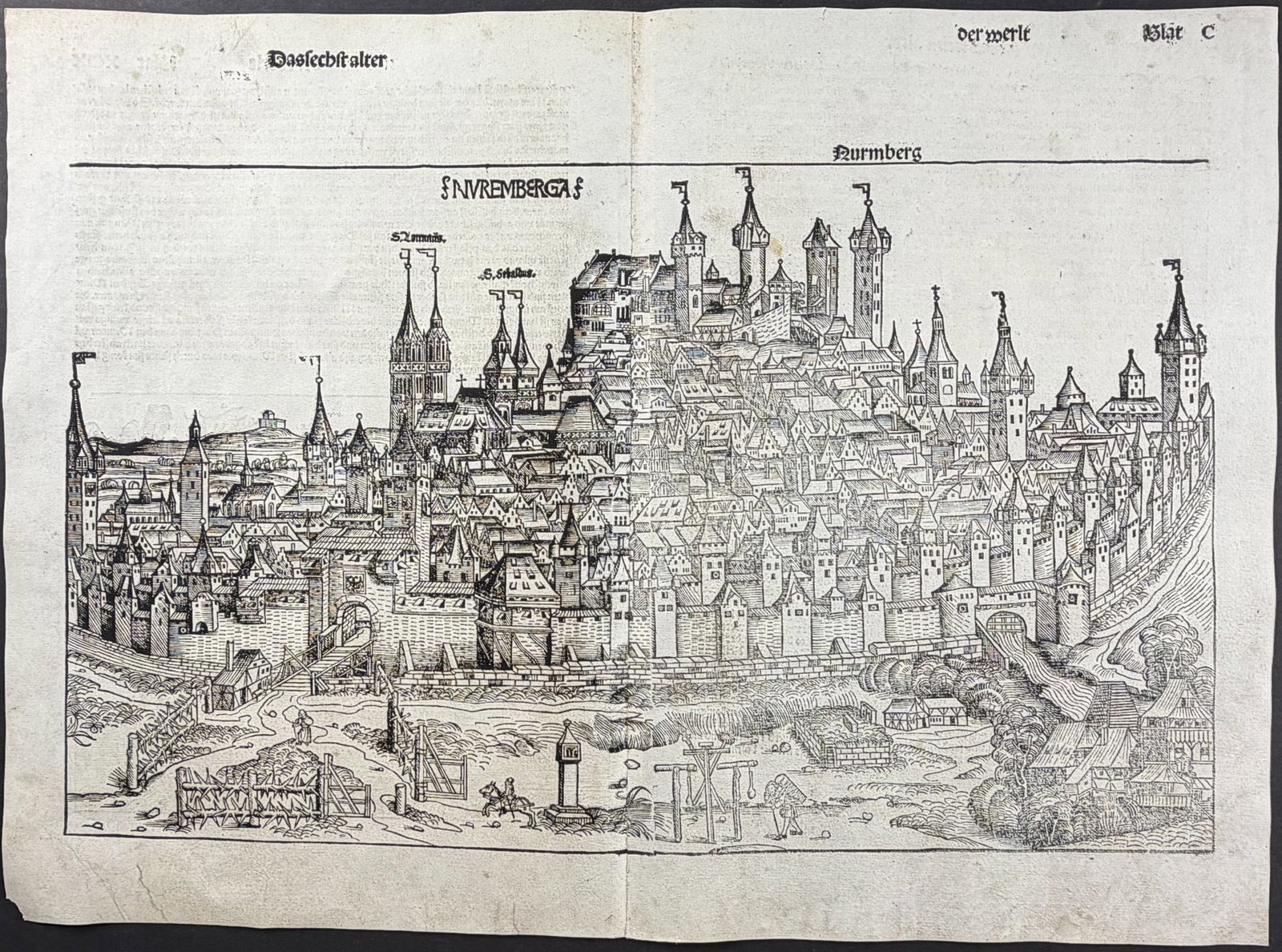Schedel, pub. 1493 - View of Nuremberg, Germany / Verso: Partial View of Vienna, Austria: This important and historic engraving is from Hartmann Schedel Liber Chronicarum, more commonly known as the Nuremberg Chronicle (in German: Das Buch der Croniken und Geschichten. This is from the fir