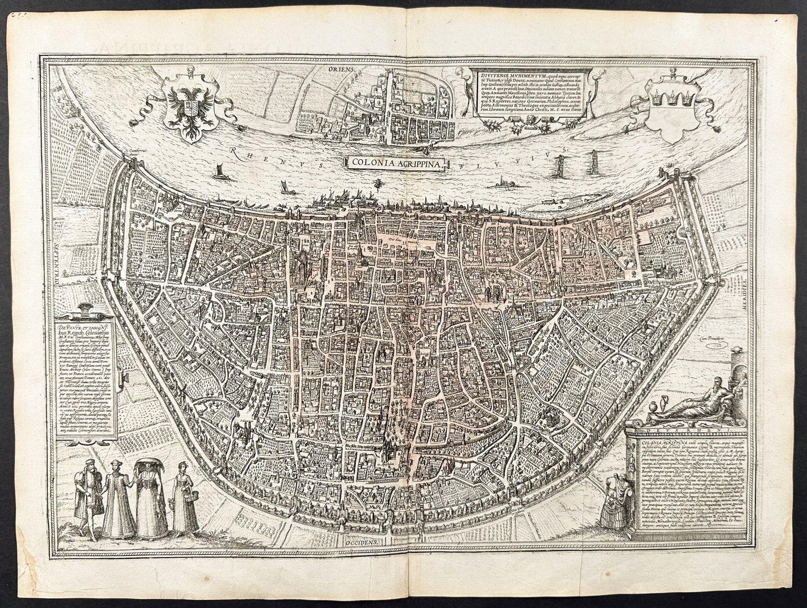 Braun & Hogenberg, pub. 1575 - View of Cologne, Germany: This extraordinary engraving is from Georg Braun & Frans Hogenberg's Civitates Orbis Terrarum or Atlas of the Cities of the World. The work was published in Augsburg in 1575. It is considered the grea