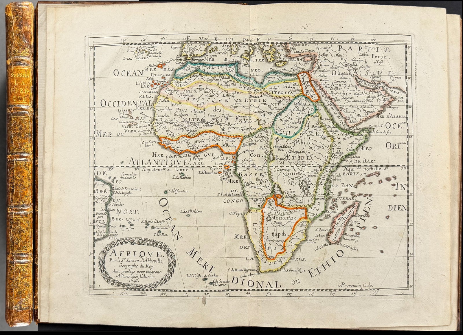 Sanson's Africa - Volume with 18 Engraved Maps: This volume with 18 engraved maps with original outline color is Nicolas d'Abbeville Sanson's atlas volume entitled Africa. The work was published in Paris by the author in 1657. The volume is bound i