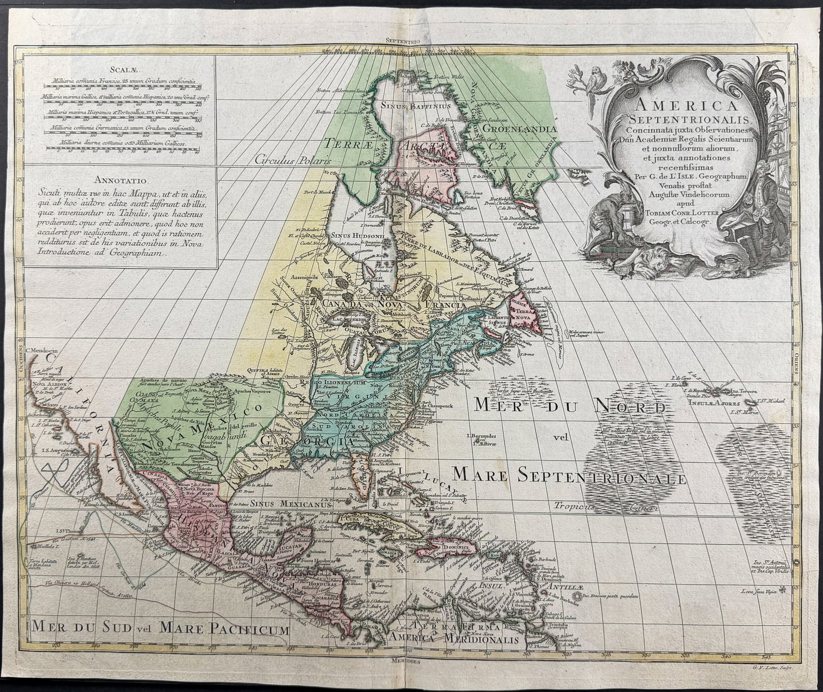 Lotter after De L'Isle - Map of North America (America Septentrionalis): This fine map is by Tobias Conrad Lotter and entitled America septentrionalis. The map was published circa 1770. The map features a decorative cartouche and original wash coloring. The map was based o