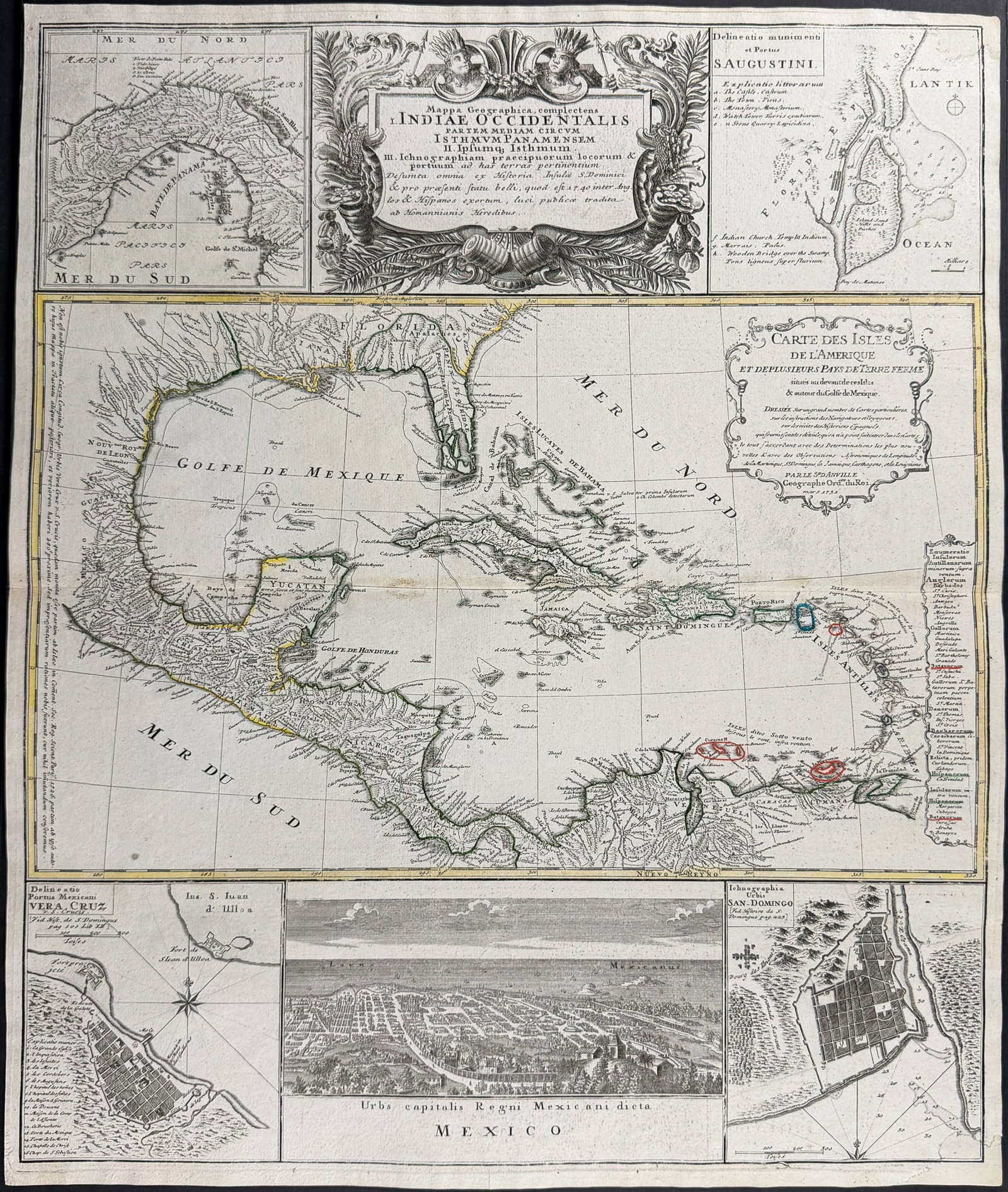 D'Anville & Homann - Map of the West Indies with Florida, Inset of Mexico, Lousiana, St. Augustine (1 of 2)