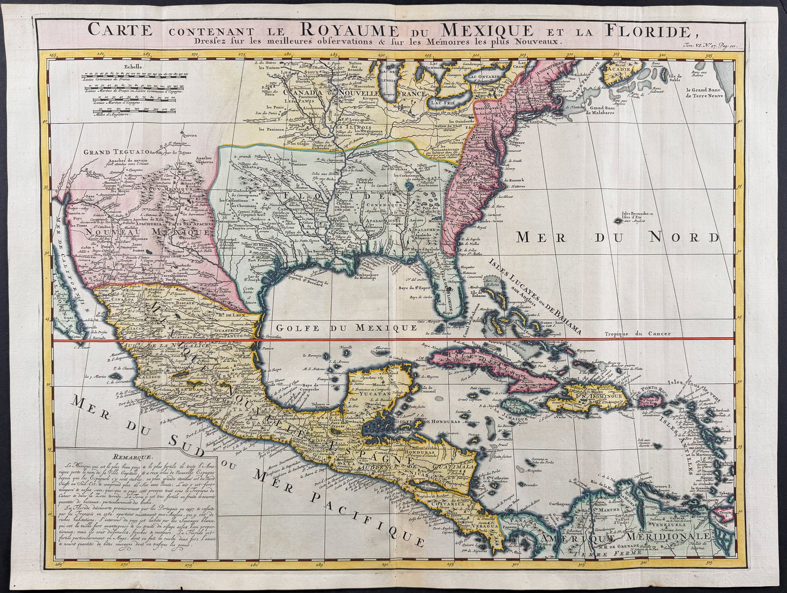 Chatelain - Map of North America with Great Lakes, Florida, Texas, Mexico, Lousiana, West Indies: This historic engraving is from Henri Abraham Chatelain's Atlas Historique. The work was published by the author in Amsterdam between 1718 and 1720. The text was compiled by Gueudeville & Garillon. Th