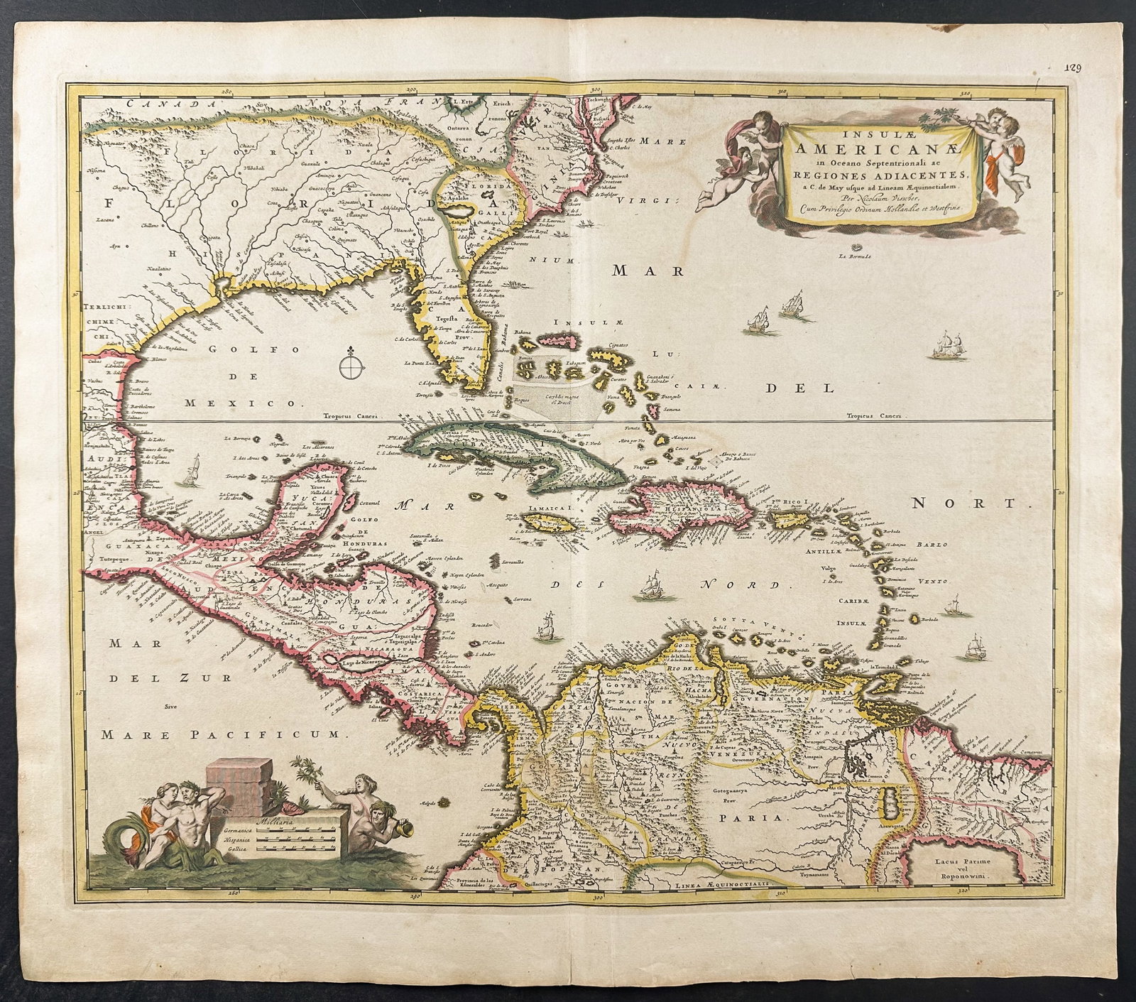 De Wit - Map of the Southeast North America, West Indies, part of Central & South America: This remarkable originally hand-colored engraved map is from Frederik de Wit?s Atlas Maior It was published in Amsterdam circa 1710. De Wit published composite atlases using plate stock of his own and