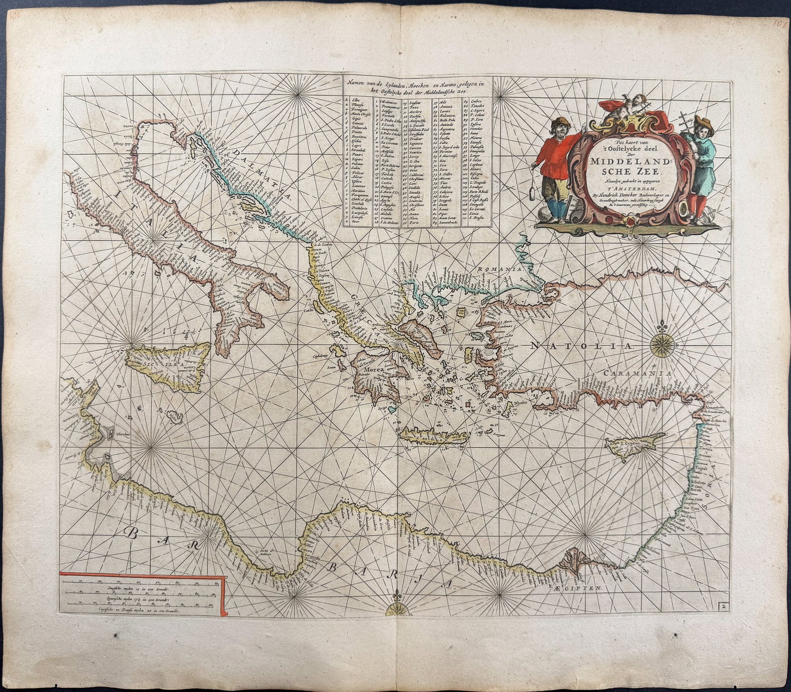 Doncker, pub. 1670 - Map of the Eastern Mediterranean Sea: This originally hand-colored engraved map is from Hendrick Doncker's De Zee-Atlas ofte Water-Waereld, vertoonede alle de Zee Kusten van het bekende deel des Aerd-Bodems, Met een generale beschrijvinge