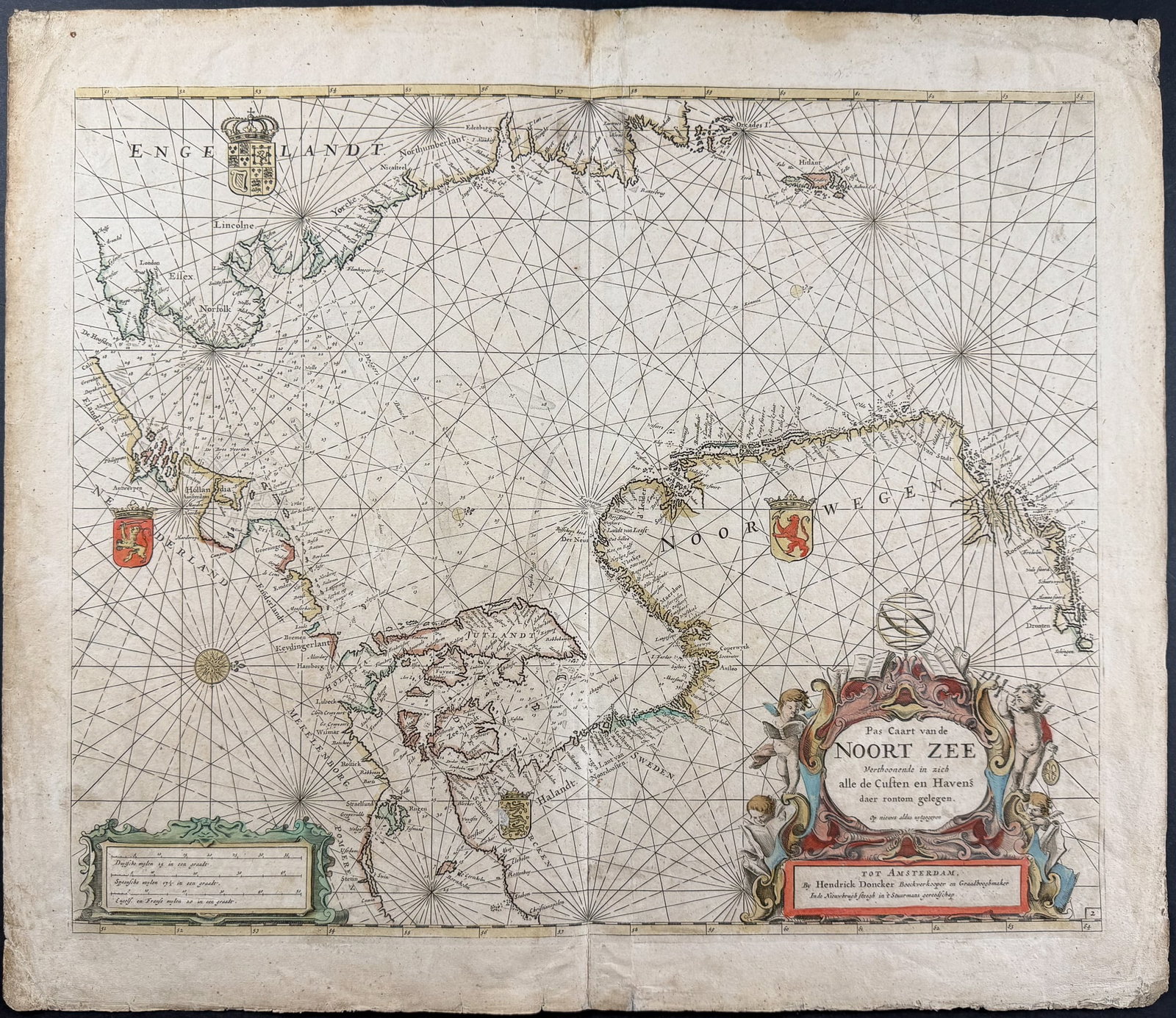 Doncker, pub. 1670 - Map of the North Sea and Western Scandinavia: This originally hand-colored engraved map is from Hendrick Doncker's De Zee-Atlas ofte Water-Waereld, vertoonede alle de Zee Kusten van het bekende deel des Aerd-Bodems, Met een generale beschrijvinge