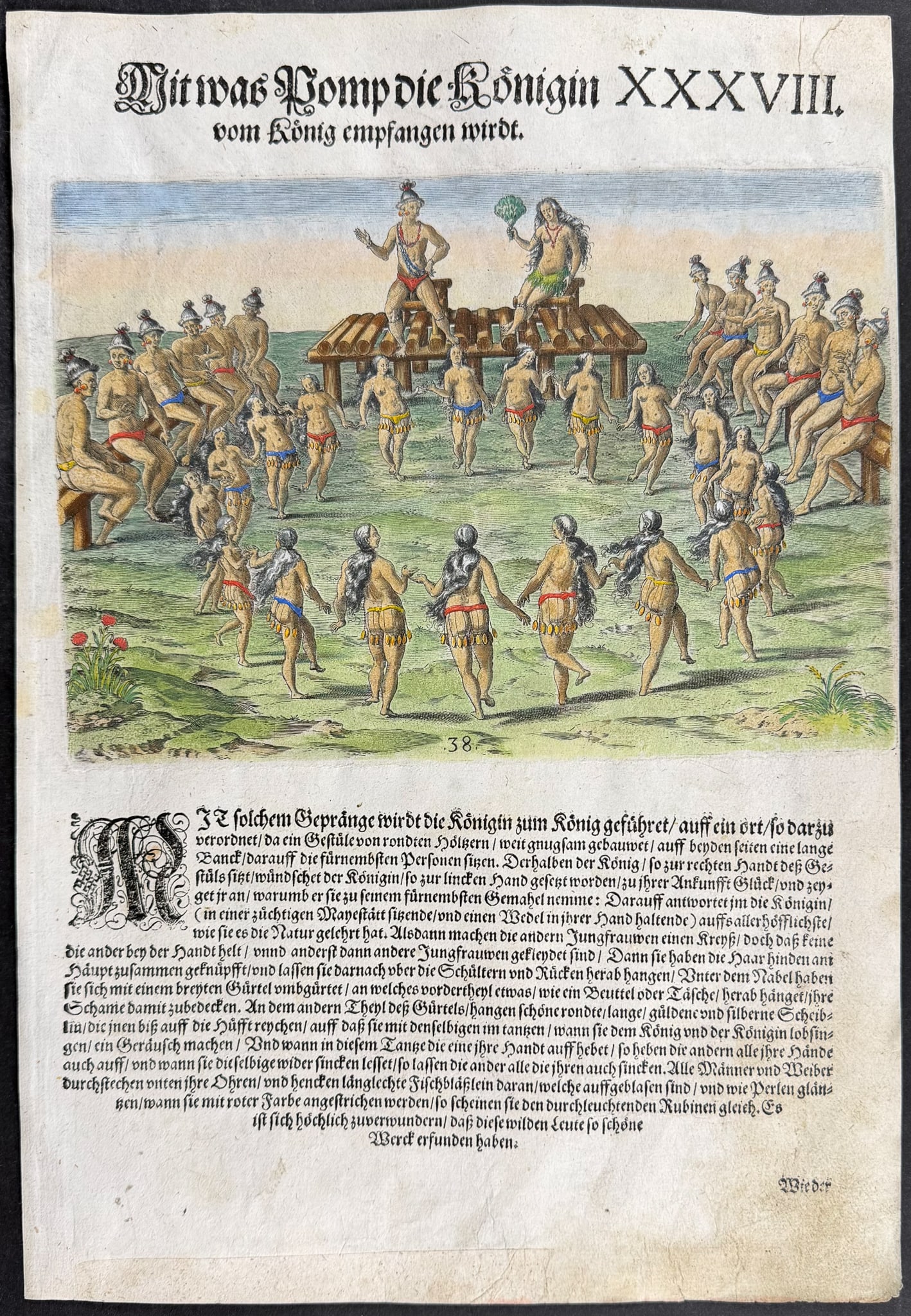 De Bry - Florida - Solemnities as the king receives a queen: This significant, historic engraving is from Theodor de Bry & Jacques Le Moyne's Der ander Theyl de Newlich erfundenen Landtschafft Americae . . . in Floridam or Brevis Narratio eorum quae in florida 