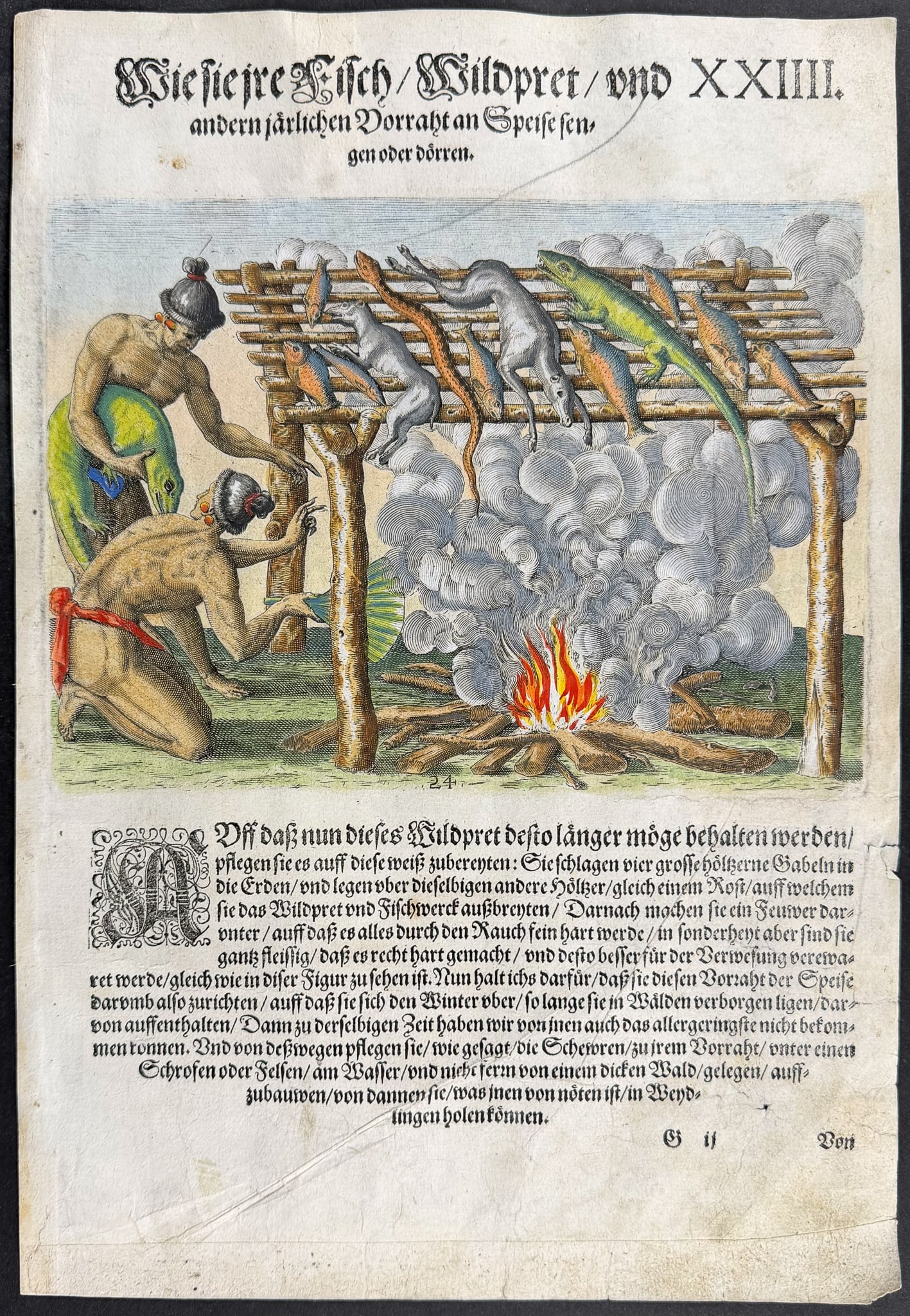 De Bry - Florida - Mode of drying fish, wild animals and other provisions: This significant, historic engraving is from Theodor de Bry & Jacques Le Moyne's Der ander Theyl de Newlich erfundenen Landtschafft Americae . . . in Floridam or Brevis Narratio eorum quae in florida 