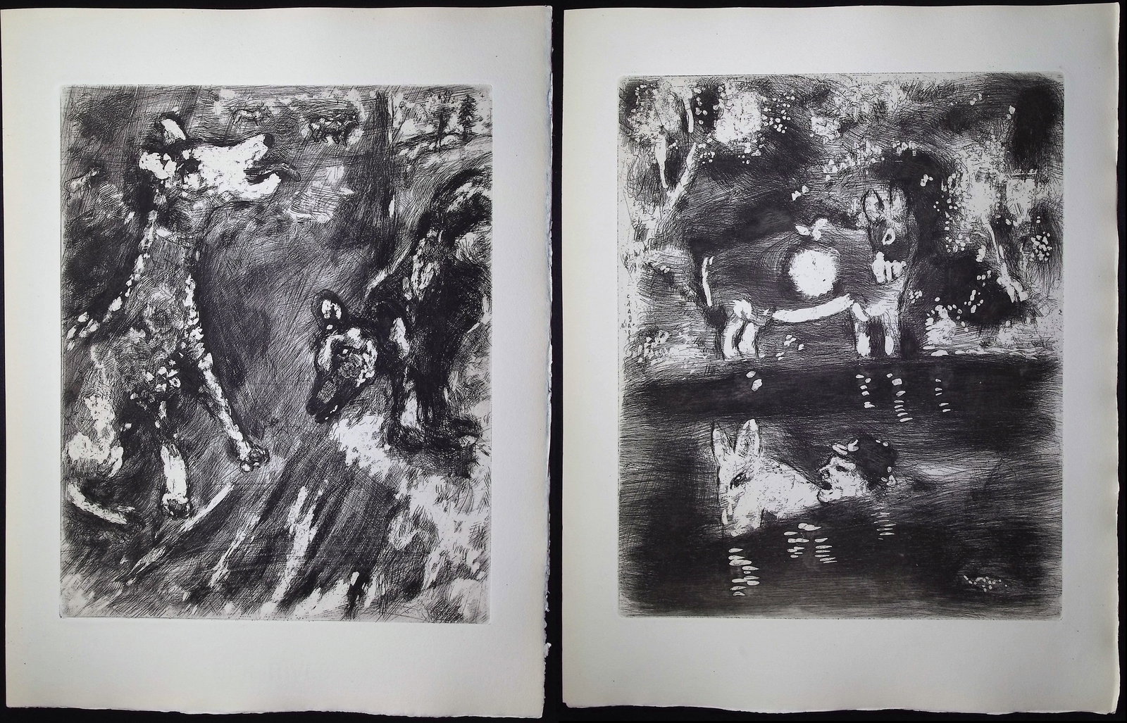 Chagall & Fontaine's Fables - 4 Etchings of Fables: Included in this lot: The Bird Wounded by an Arrow [L'Oiseau blesse d'une fleche] The Bitch and Her Companion [La Lice & sa Compagne] The Lion and the Gnat [Le Lion & le Moucheron] The Donkey Loaded w