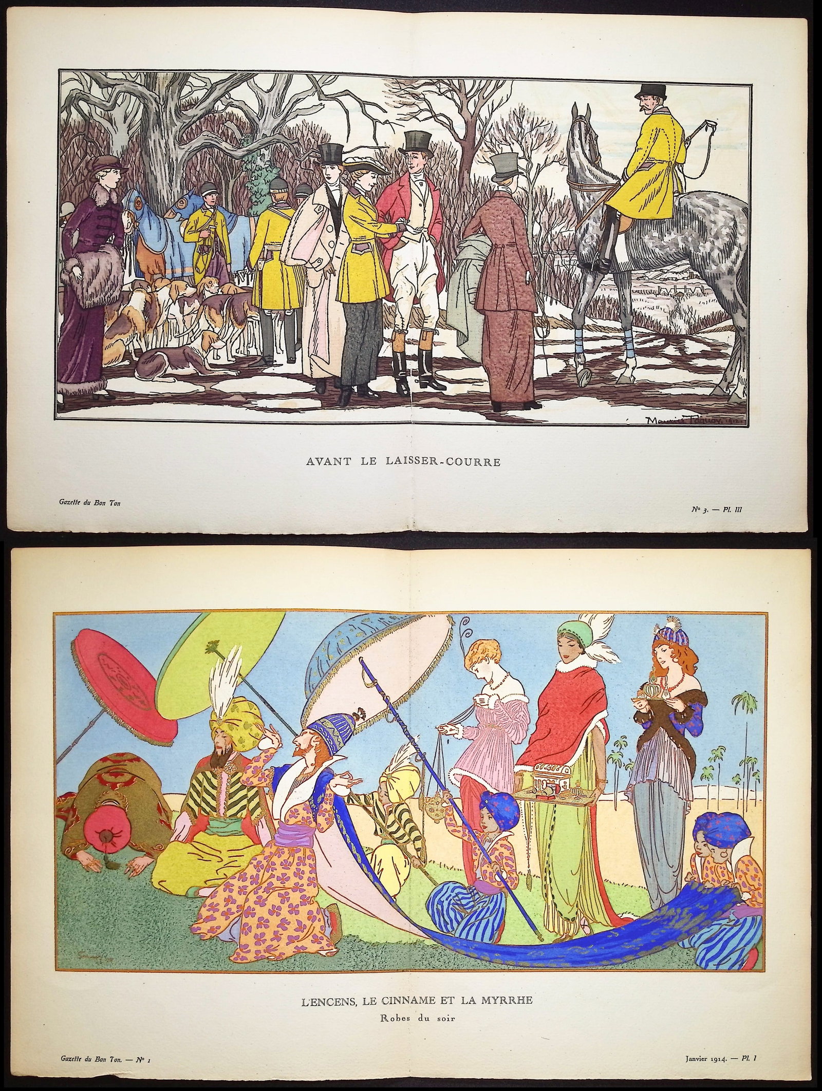 Bon Ton - Pair of Fashion Pochoirs: The Gazette du Bon Ton featured some of the most desirable pochoir, fashion lithographs. The fashion periodical ran from 1912 to 1925, and greatly influenced the style of the time. Great artists from