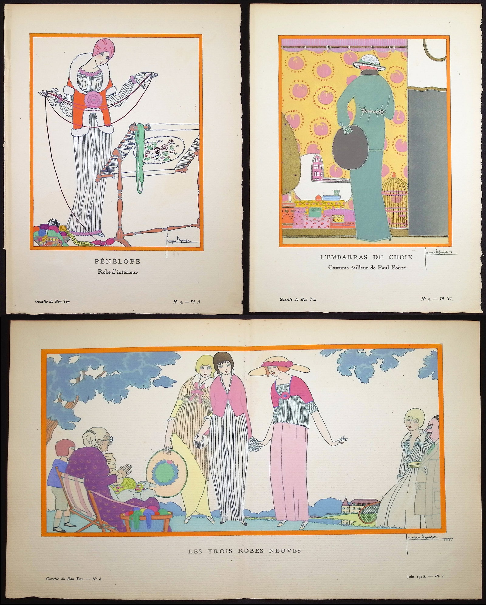 Bon Ton by Lepape - 3 Fashion Pochoirs: The Gazette du Bon Ton featured some of the most desirable pochoir, fashion lithographs. The fashion periodical ran from 1912 to 1925, and greatly influenced the style of the time. Great artists from 