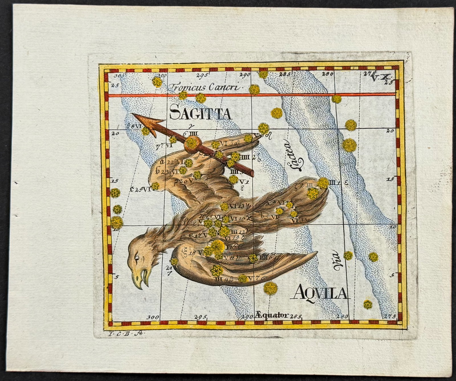 Thomas - Constellation or Celestial Chart of Sagitta (Arrow) & Aquila (Eagle): This celestial engraving is from Corbinian Thomas's Mercurii philosophici firmamentum Firmianum descriptionem et usum globi artificialis coelestis. The work was published in Augsburg in 1731 by Merz u