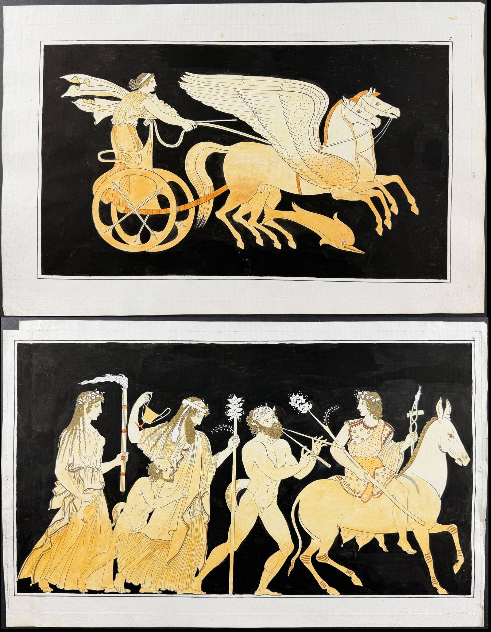 Hamilton - 3 Engravings of a Painting from a Grecian Vase: This hand-colored engraving is from Johann Heinrich Wilhelm Tischbein after Sir William Hamilton's collection of vases. The full title reads Recueil de Gravures d'apr?s les Vases Antiques or Collectio