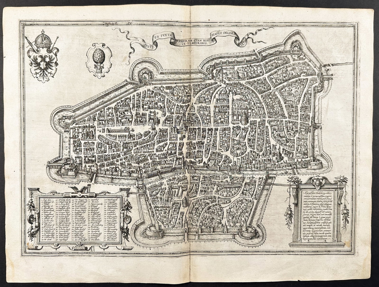 Braun & Hogenberg, pub. 1575 - View of Augsburg, Germany: This extraordinary engraving is from Georg Braun & Frans Hogenberg's Civitates Orbis Terrarum or Atlas of the Cities of the World. The work was published in Augsburg in 1575. It is considered the grea