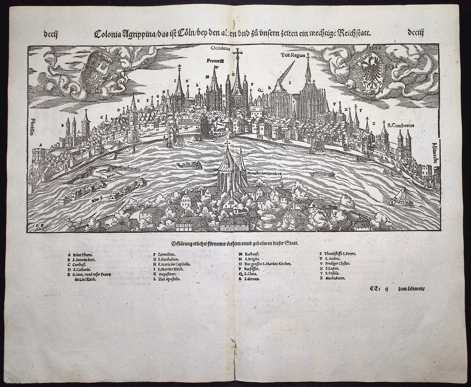 Munster, pub. 1578 - View of Cologne, Germany: This very old woodcut is from Sebastian Munster's Cosmographia Universalis or Cosmographey: das ist Beschreibung aller Lander [...] The work was published in Basel in 1578 by Heinrich Petri. The work 
