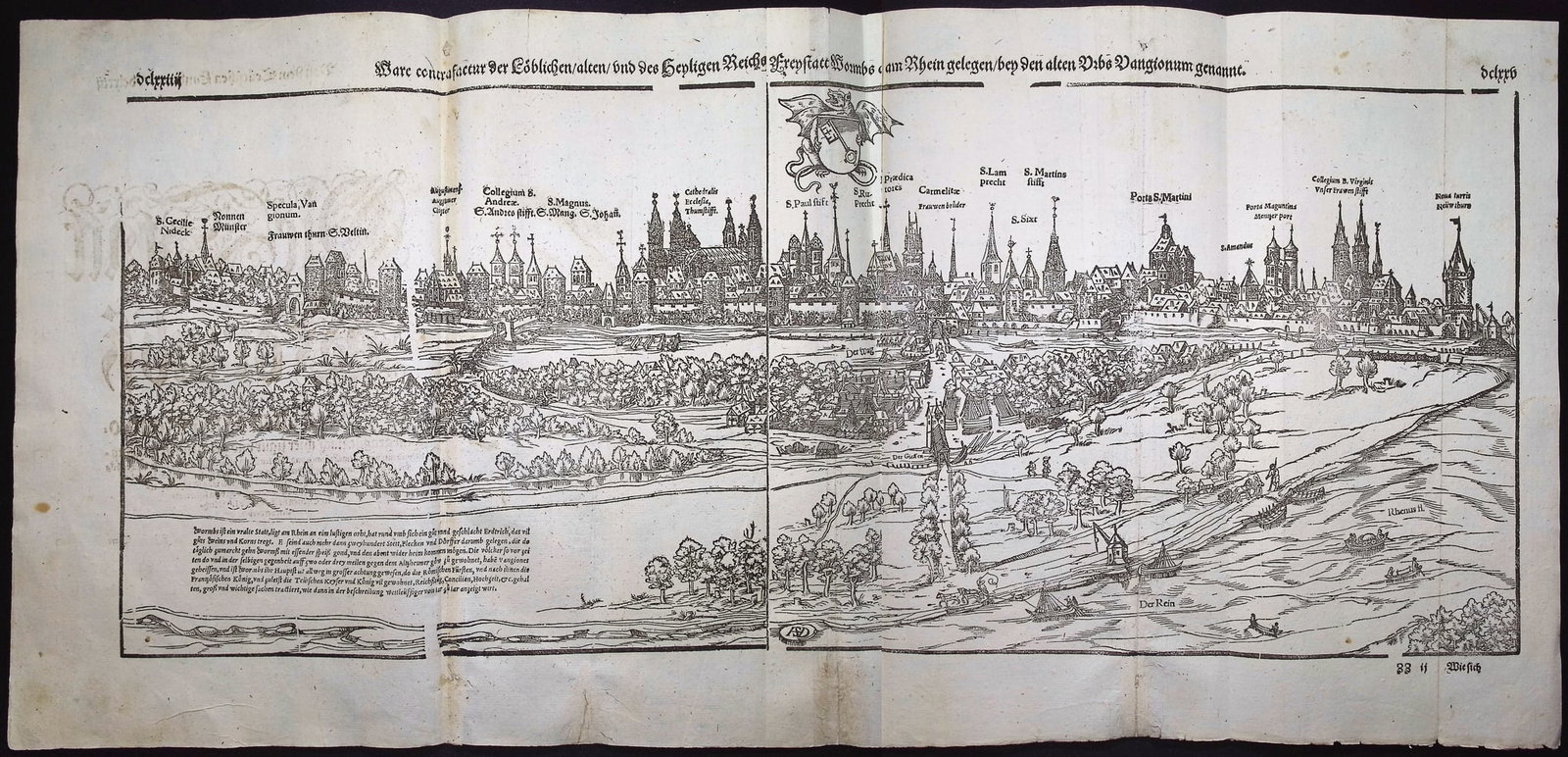 Munster, pub. 1578 - View of Worms, Germany: This very old woodcut is from Sebastian Munster's Cosmographia Universalis or Cosmographey: das ist Beschreibung aller Lander [...] The work was published in Basel in 1578 by Heinrich Petri. The work 