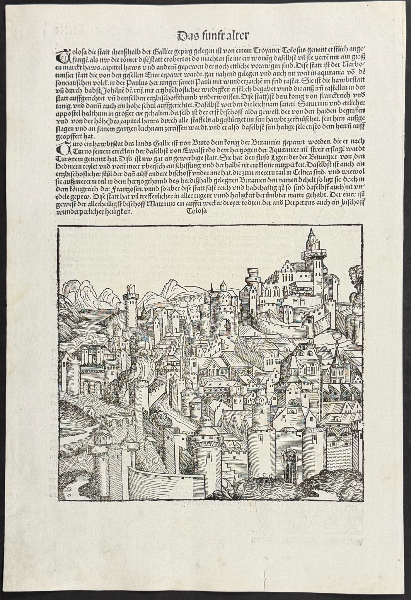 Schedel, pub. 1493 - View of Toulouse, France / Verso: Religious & Historic Figures: This important and historic engraving is from Hartmann Schedel Liber Chronicarum, more commonly known as the Nuremberg Chronicle (in German: Das Buch der Croniken und Geschichten. This is from the fir