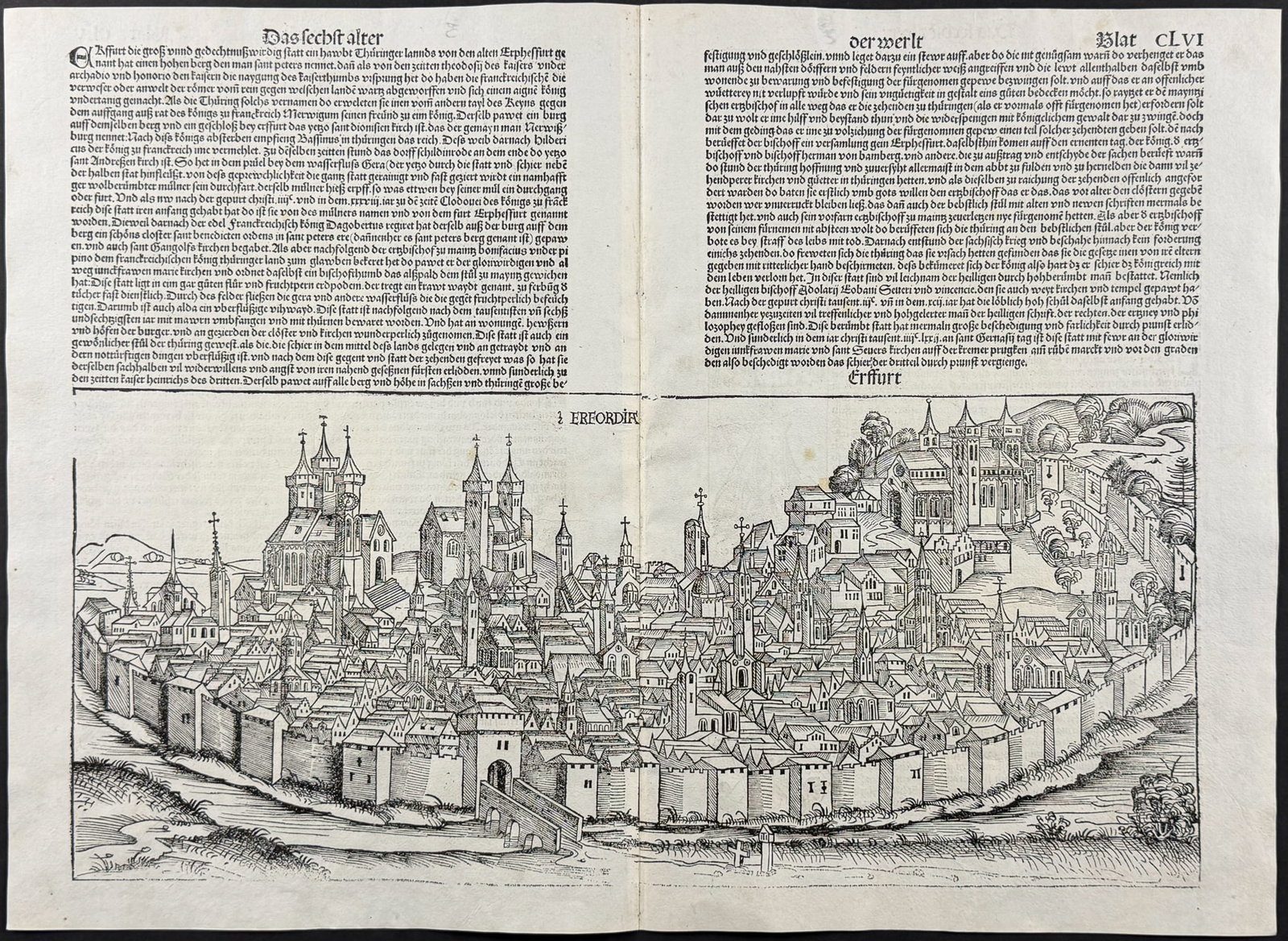 Schedel, pub. 1493 - View of Erfurt, Germany / Verso: Religious & Historic Figures: This important and historic engraving is from Hartmann Schedel Liber Chronicarum, more commonly known as the Nuremberg Chronicle (in German: Das Buch der Croniken und Geschichten. This is from the fir