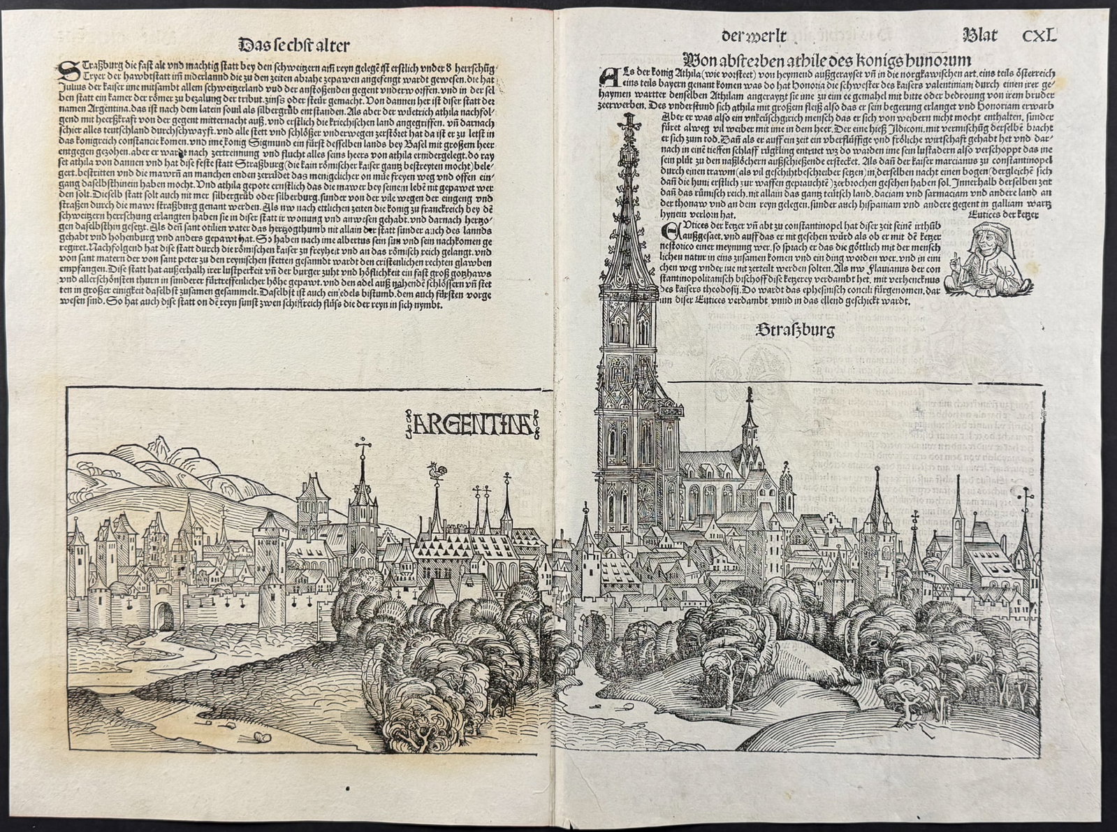 Schedel, pub. 1493 - View of Strasbourg (Argentina), France / Verso: Partial View of Ofen (Budapest): This important and historic engraving is from Hartmann Schedel Liber Chronicarum, more commonly known as the Nuremberg Chronicle (in German: Das Buch der Croniken und Geschichten. This is from the fir