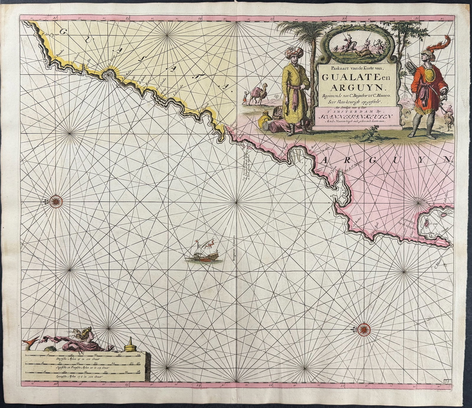 Van Keulen, Rare - Coastal Map of the Western Sahara: This extraordinary, originally hand-colored map is from the exceedingly rare atlas from Johannes and Gerard Van Keulen entitled De Groote Nieuwe Vermeerderde Zee-Atlas ofte Water-Waerld. Vertoonende i