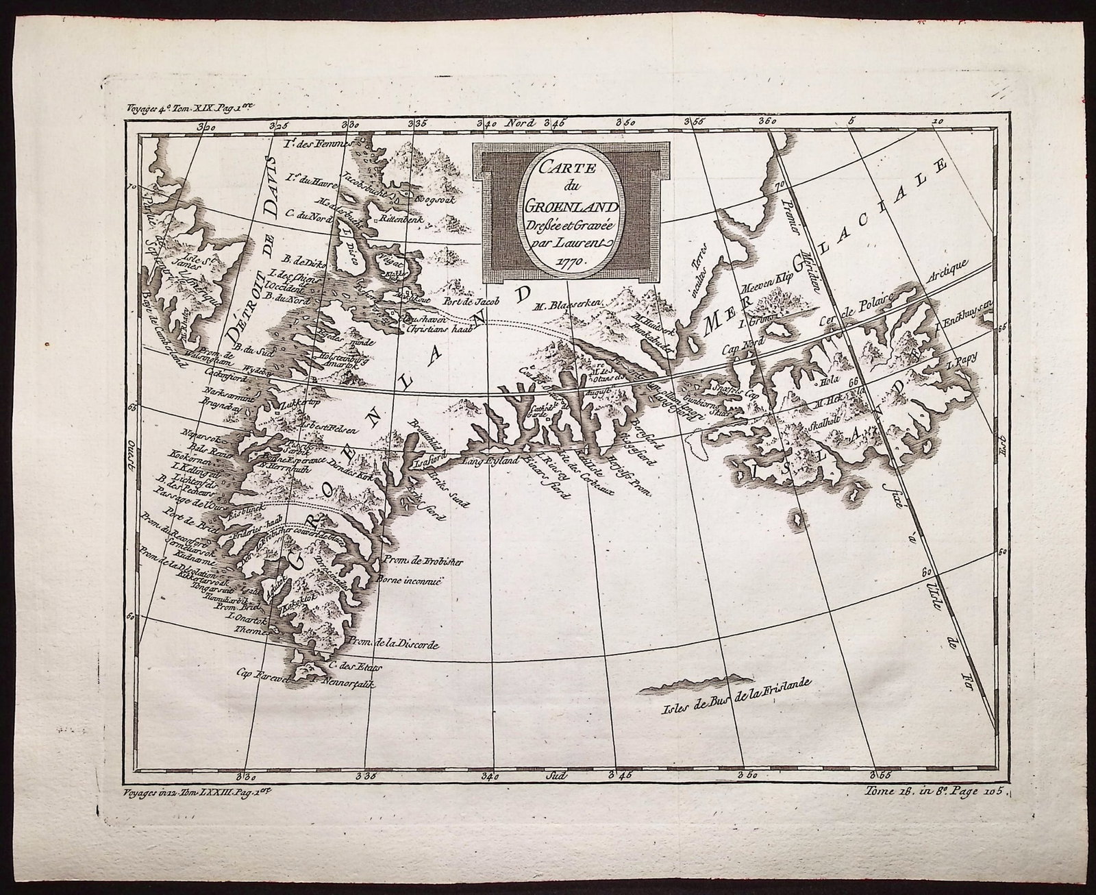 Prevost after Bellin - Map of Greenland & Iceland: This fine engraving is from Antoine-Francois Prevost d'Exiles's Histoire G?n?rale des Voyages, ou nouvelle collection de toutes les relations de voyages par mer et par terre, qui ont ?t? publi?es jusq