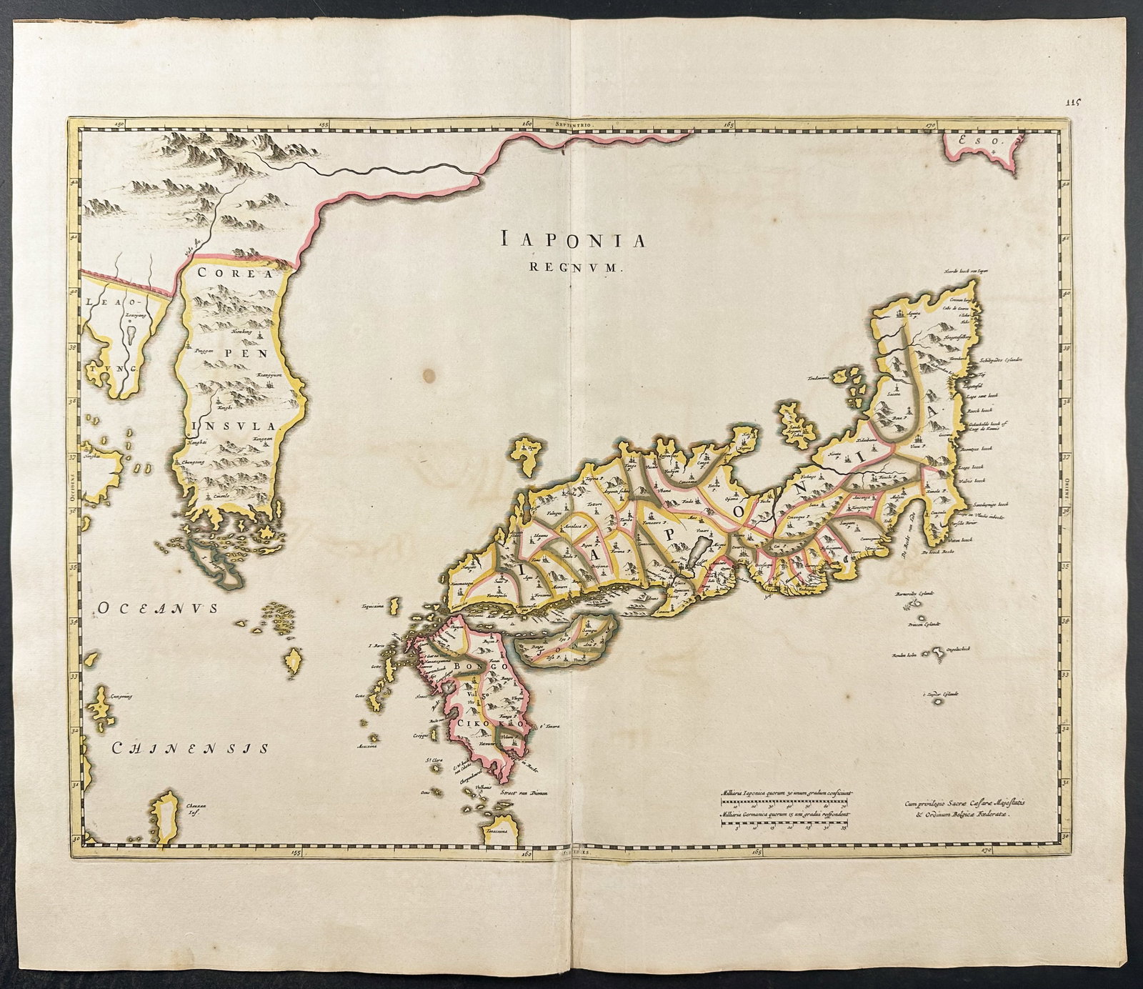 De Wit - Map of Japan: This remarkable originally hand-colored engraved map is from Frederik de Wit?s Atlas Maior It was published in Amsterdam circa 1710. De Wit published composite atlases using plate stock of his own and
