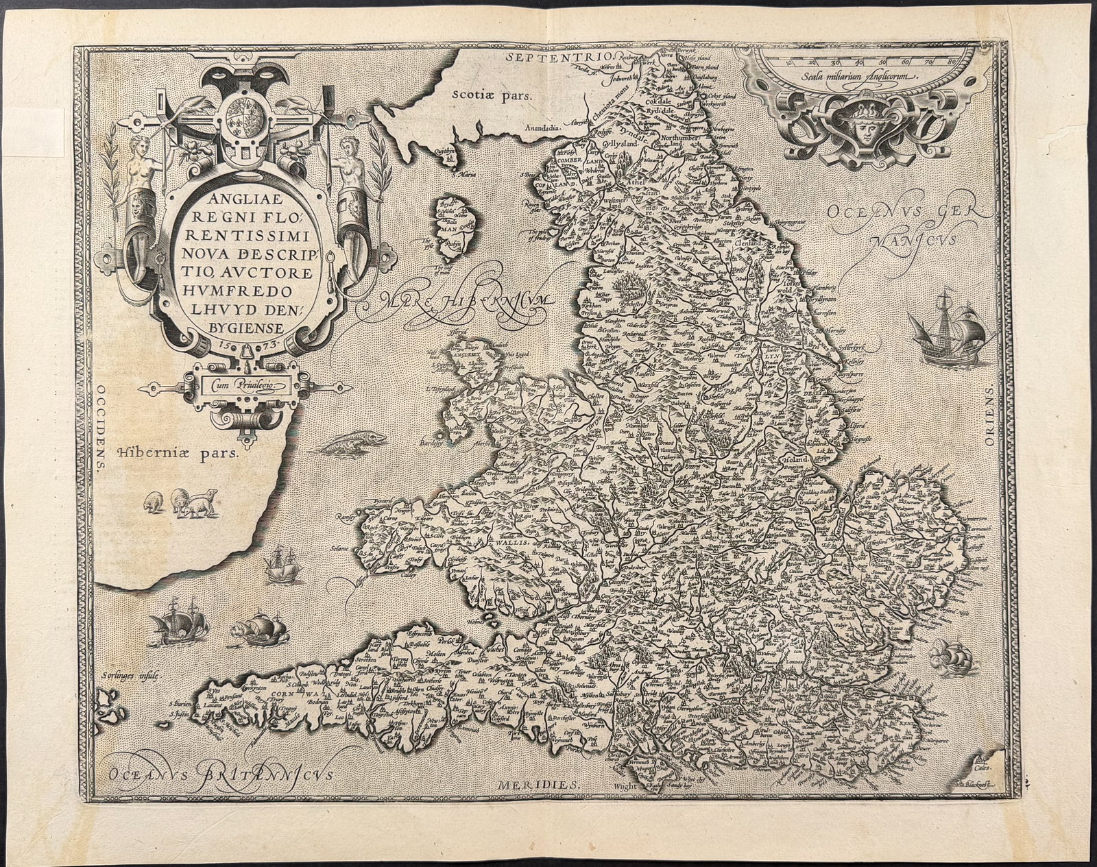 Ortelius, pub. 1587 - Map of England: This stunning engraved map is from Abraham Ortelius's Theatrum orbis terrarum. This is the first French but third edition of the work published in 1587 in Antwerp by Christophe Plantin. These maps hav