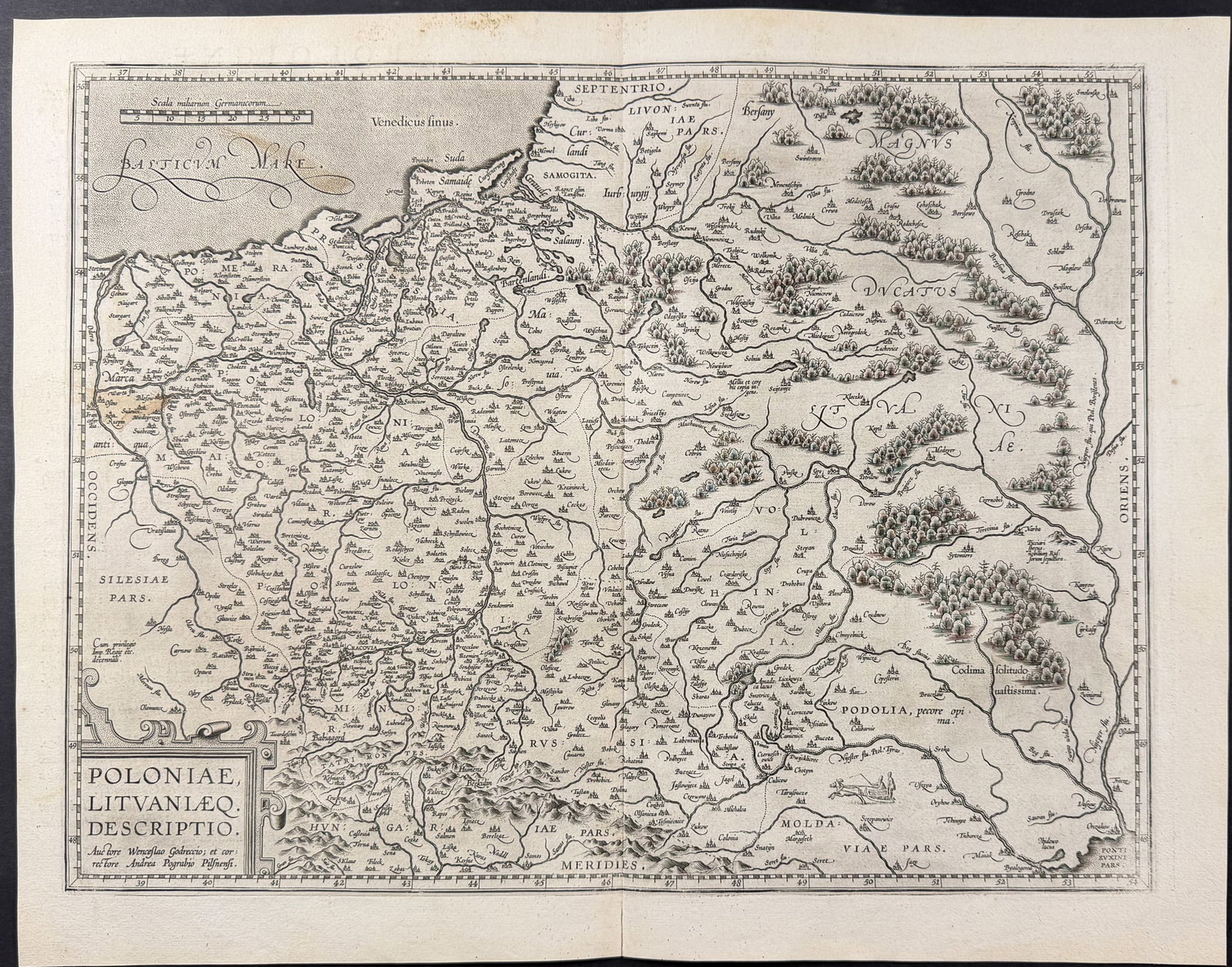 Ortelius, pub. 1587 - Map of Poland: This stunning engraved map is from Abraham Ortelius's Theatrum orbis terrarum. This is the first French but third edition of the work published in 1587 in Antwerp by Christophe Plantin. These maps hav