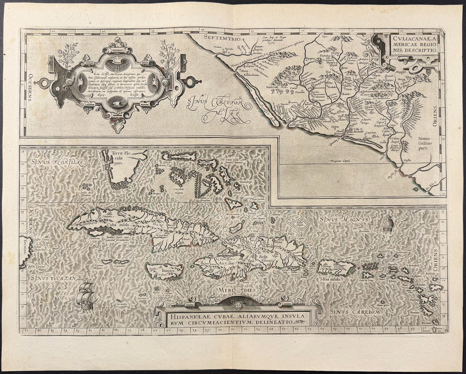 Ortelius, pub. 1587 - Map of Western Mexico (New Spain) & Carribean (West Indies, Antilles Islands): This stunning engraved map is from Abraham Ortelius's Theatrum orbis terrarum. This is the first French but third edition of the work published in 1587 in Antwerp by Christophe Plantin. These maps hav