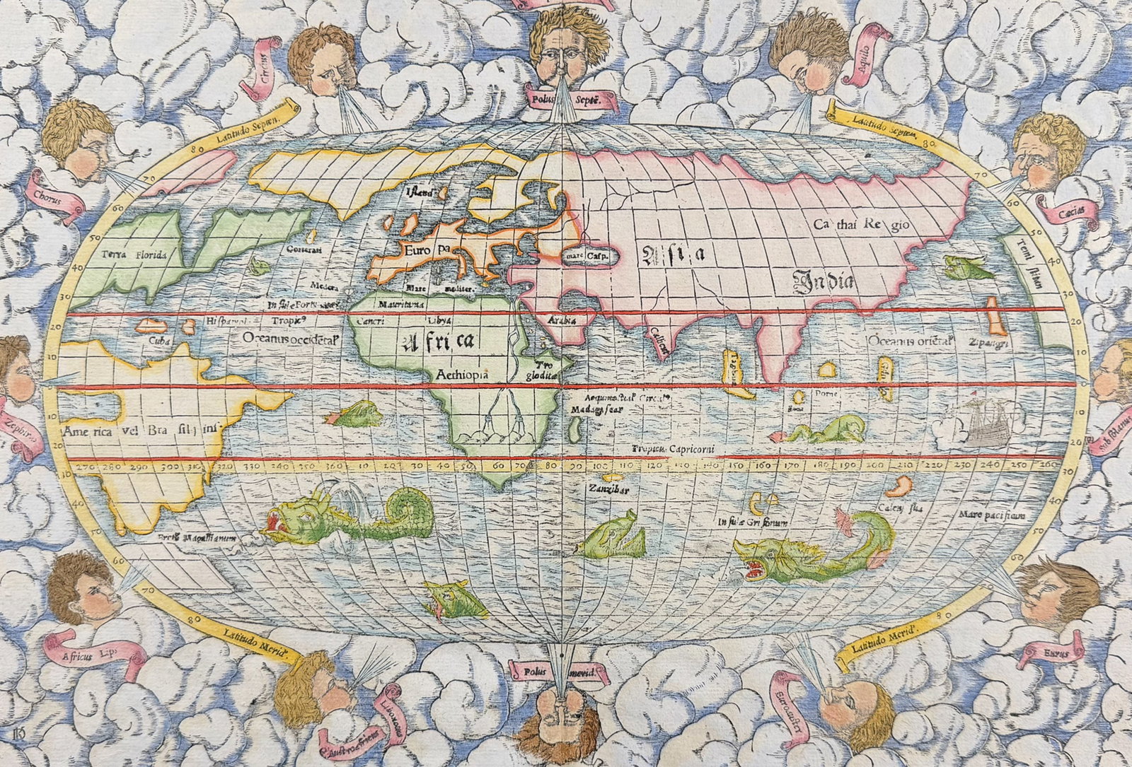 Munster, pub. 1574 - Map of the World (America named Terra Forida) (1 of 3)