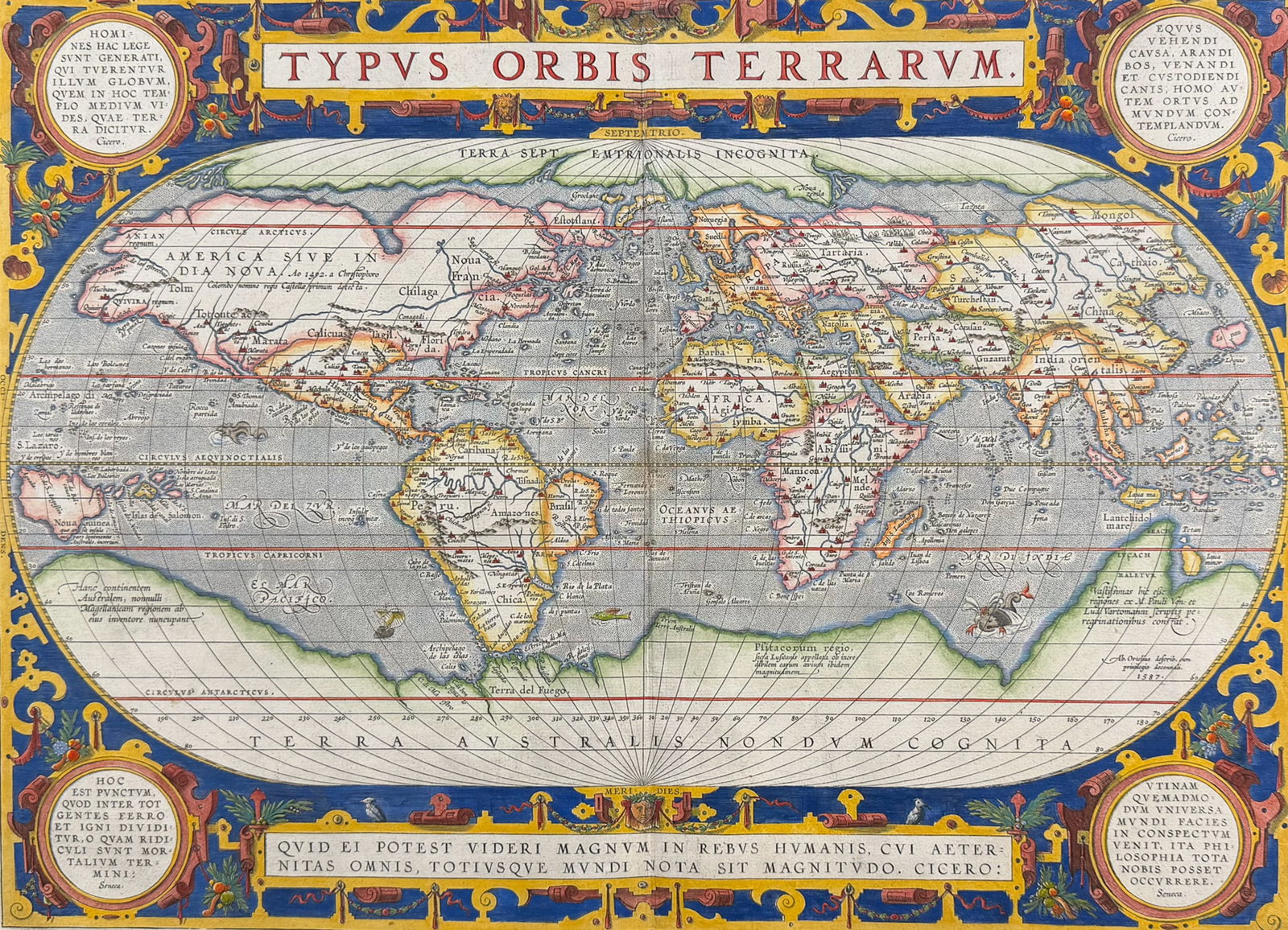 Ortelius, pub. 1587 - Map of the World with Americas: This stunning engraved map is from Abraham Ortelius's Theatrum orbis terrarum. This is the first French but third edition of the work published in 1587 in Antwerp by Christophe Plantin. These maps