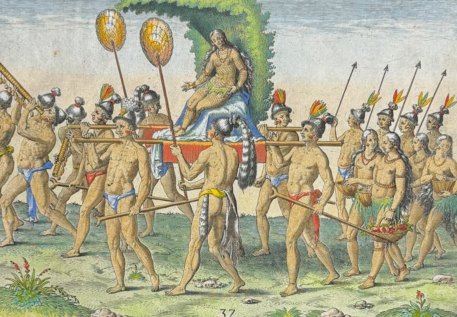 De Bry - Florida - The display involved when a queen elect is brought to the king (Palanquin or: This significant, historic engraving is from Theodor de Bry & Jacques Le Moyne's Der ander Theyl de Newlich erfundenen Landtschafft Americae . . . in Floridam or Brevis Narratio eorum quae in florida