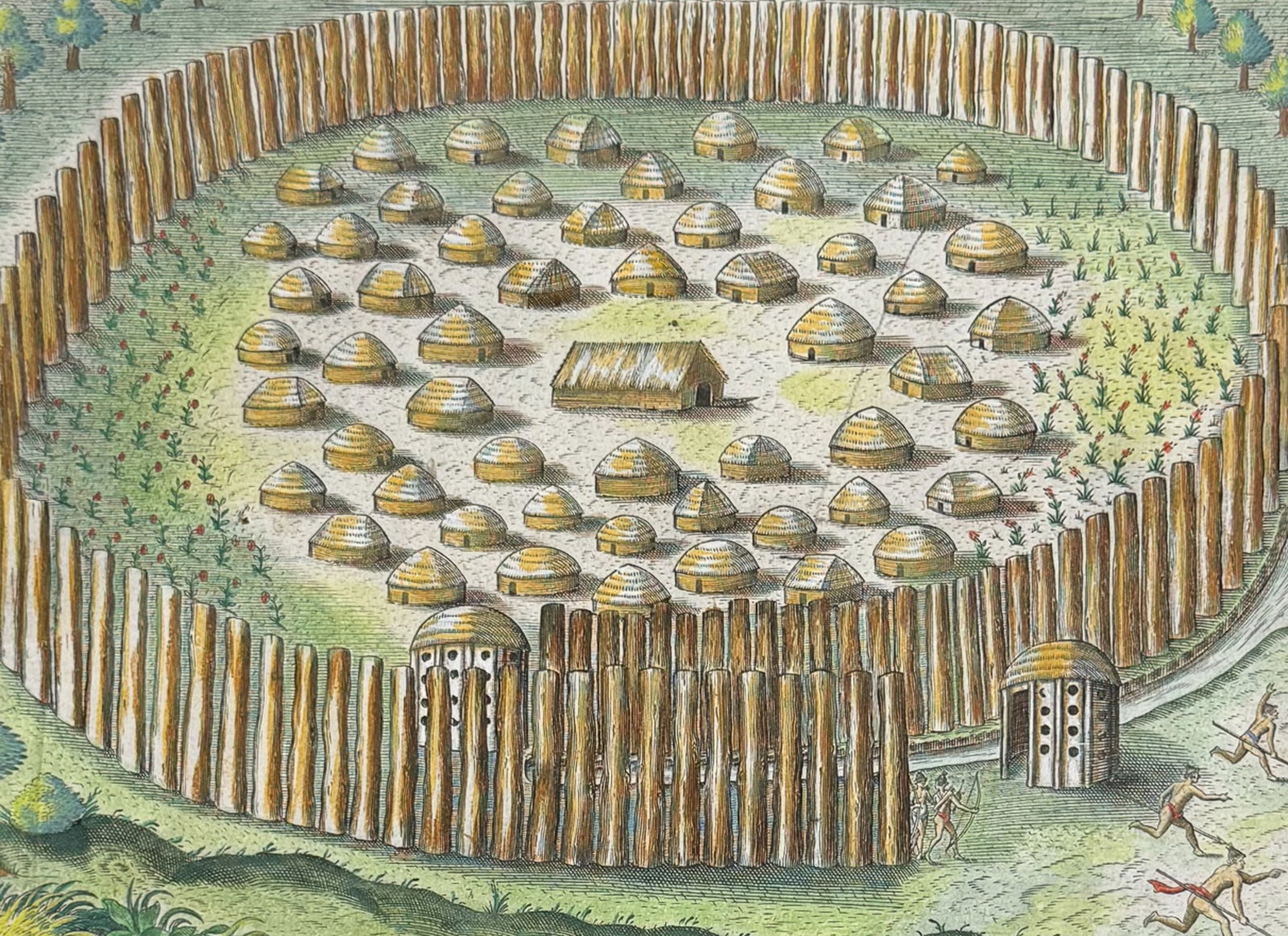 De Bry - Florida - Constructions of fortified towns among the Floridians: This significant, historic engraving is from Theodor de Bry & Jacques Le Moyne's Der ander Theyl de Newlich erfundenen Landtschafft Americae . . . in Floridam or Brevis Narratio eorum quae in florida