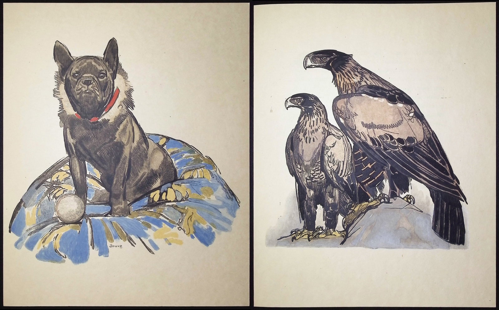 Colette & Jouve - 6 Illustrations of Dog, Tiger, Squirrel, Eagles, & Seaside Town (on 4 fold out: This lush illustration by Paul Jouve is from Sidonie Gabrielle Colette's Paradis terrestres. The work was published in 1932 by Philippe Gonin in Lausanne, Switzerland. This printing is on high