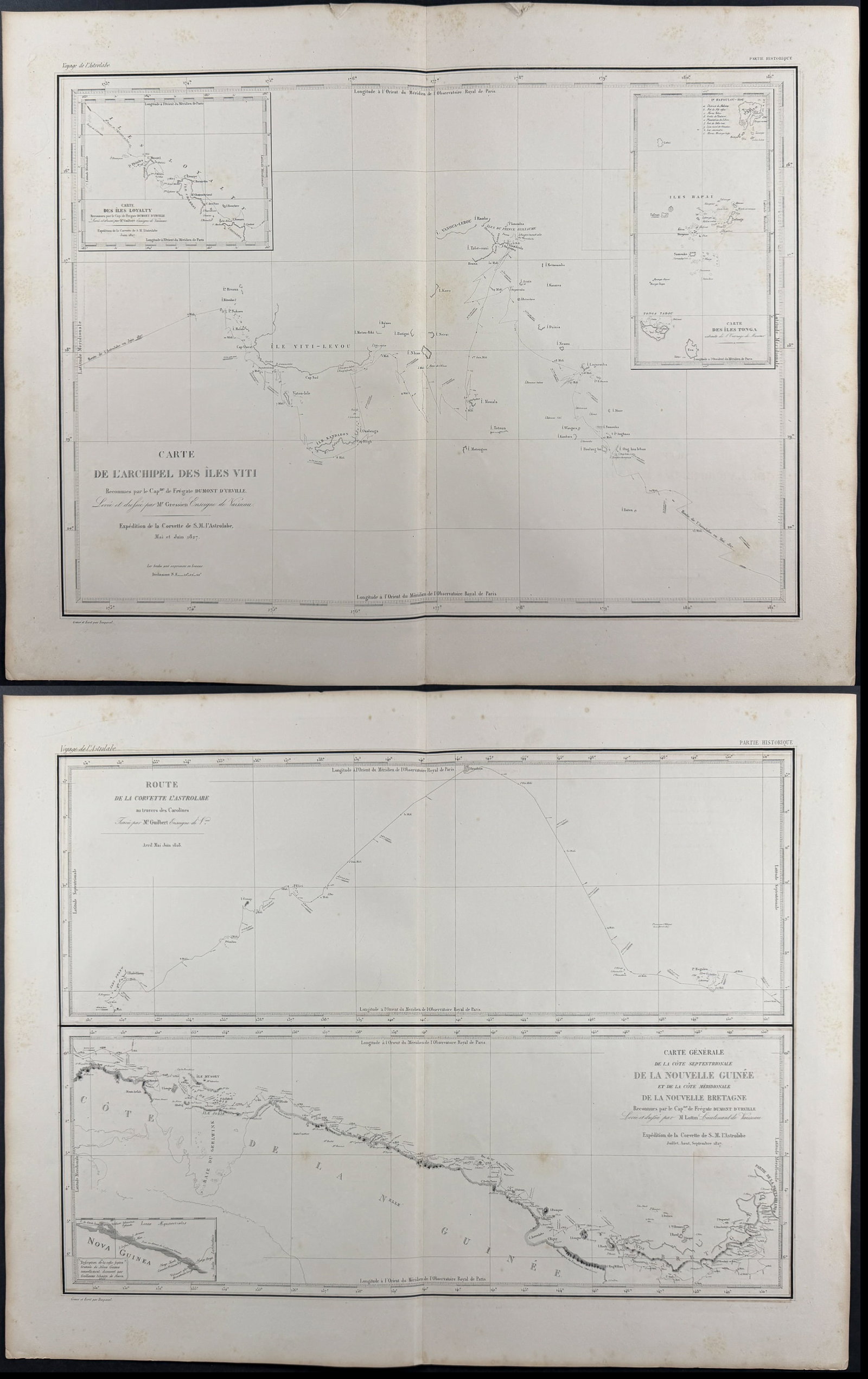 Dumont D'Urville - 4 Maps of Fiji, Vanikoro, Tonga, New Guinea, New Britain, Route of the Astrolabe: This folio lithograph is from Jules Sebastien Cesar Dumont D'Urville's Voyage de la Corvette l'Astrolabe ex?cut? par ordre du Roi pendant les ann?es 1826, 1827, 1828, 1829, sous le commandement de M.J