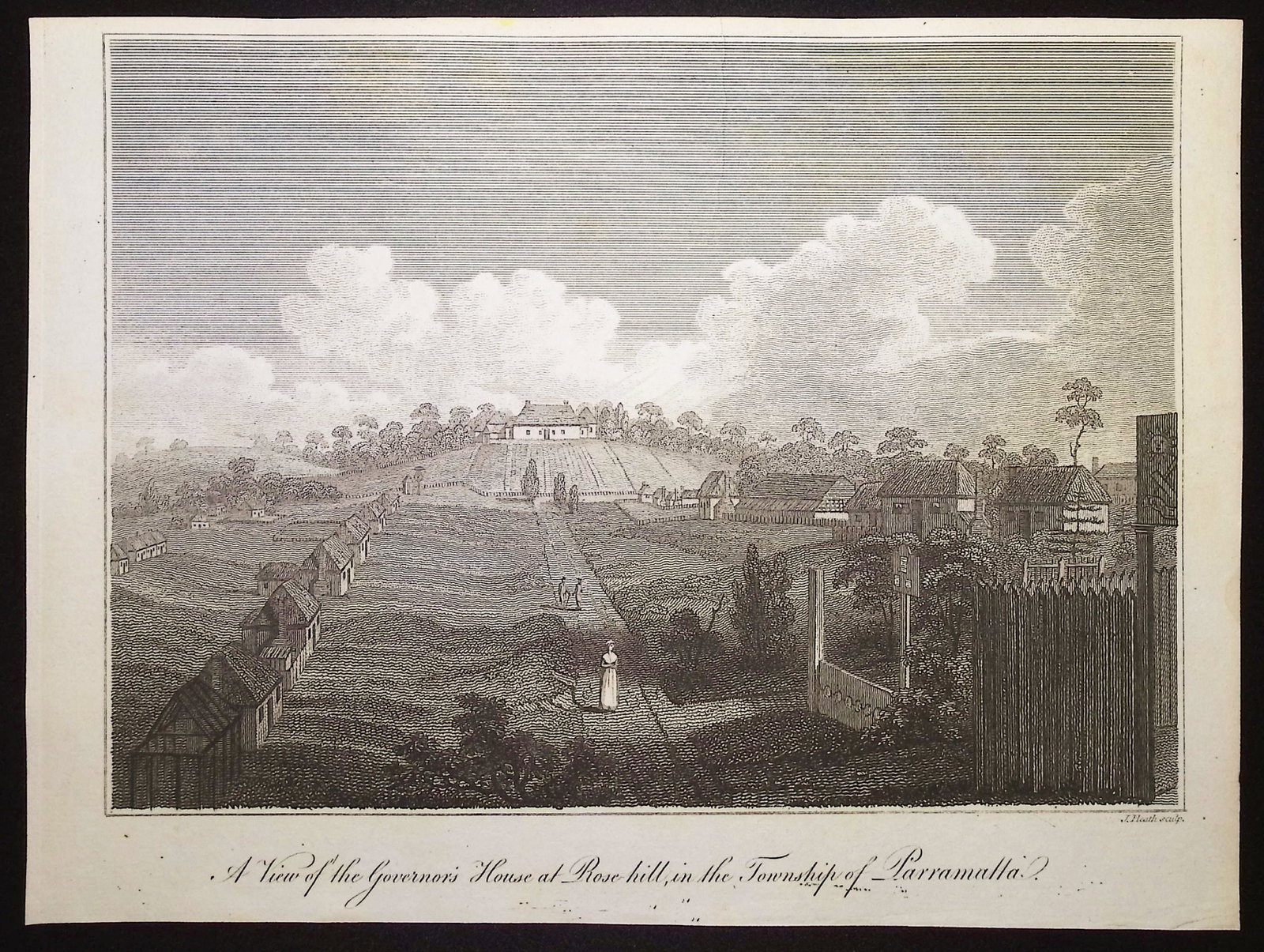 Collins - Australia (New Holland): A View of the Governor's House at Rose Hill, in the Township of: This historical, first edition engraving is from David Collins's An Account of the English Colony in New South Wales. The work was published in London in 1798 for T. Cadell & W. Davies. The work was a